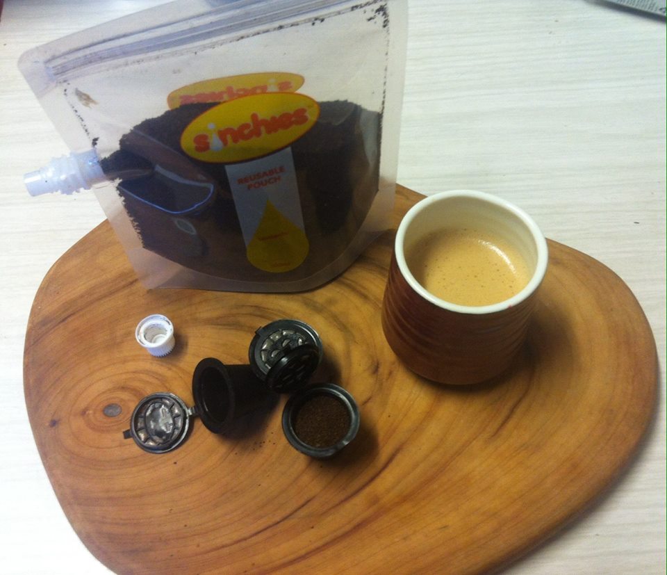 Reusable coffee pods and freshly ground coffee in a 500ml Sinchies makes filling the pods super easy!