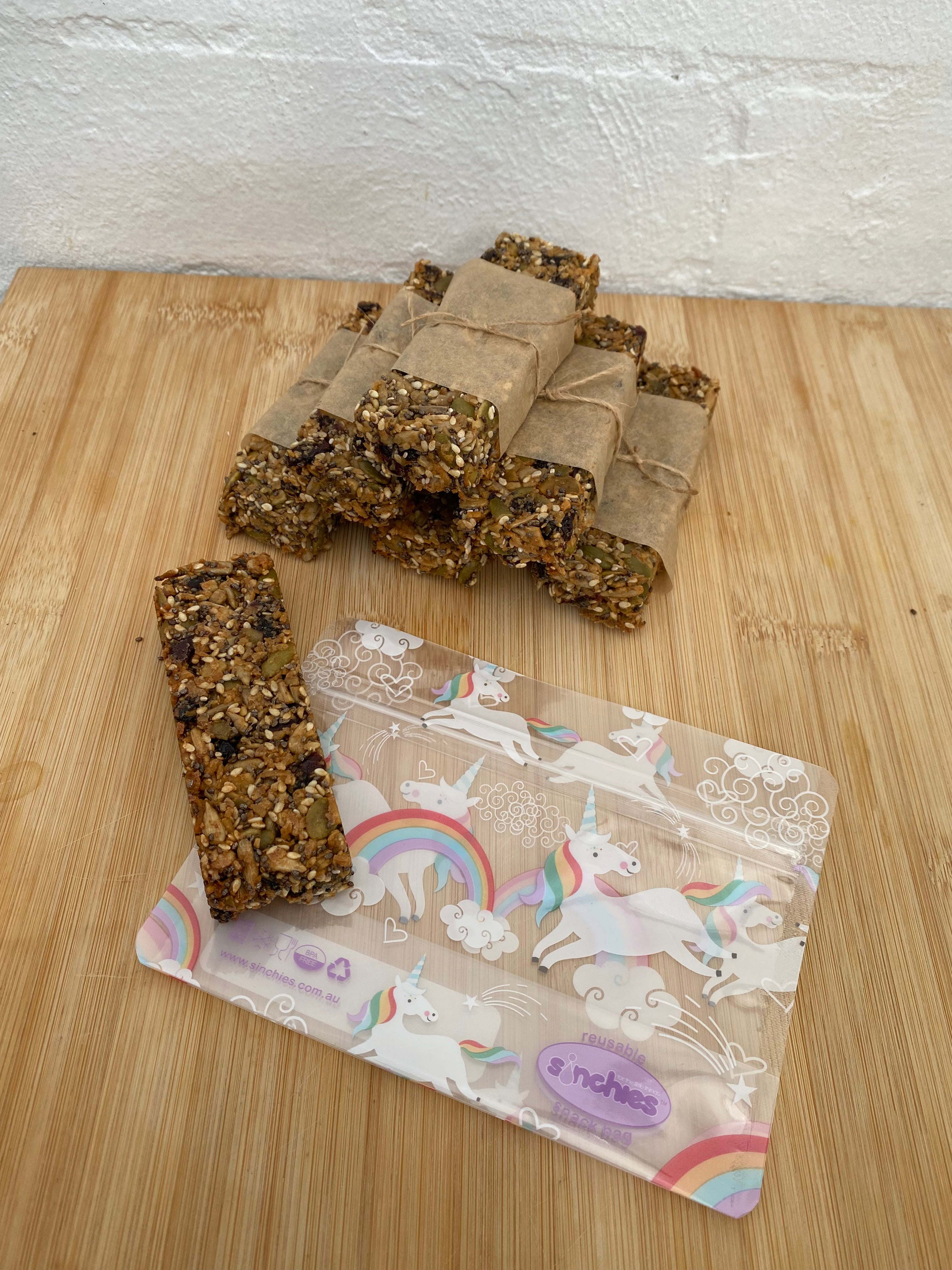 Seeded bars in sinchies reusable snack bag