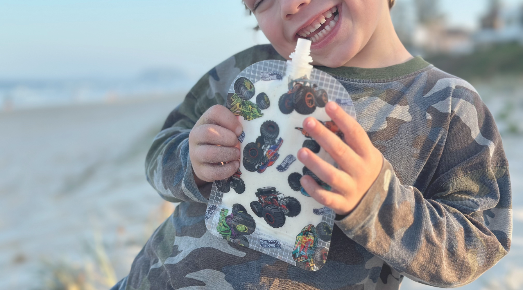 All new monster trucks reusable food pouch from Sinchies