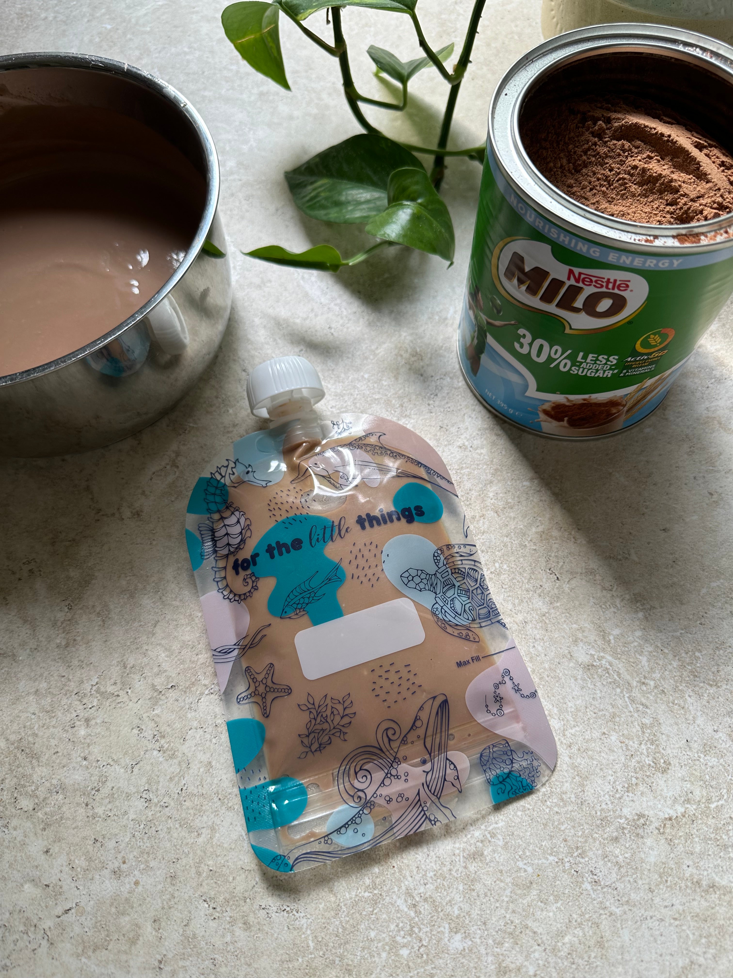 Homemade milo energy snack in a food pouch