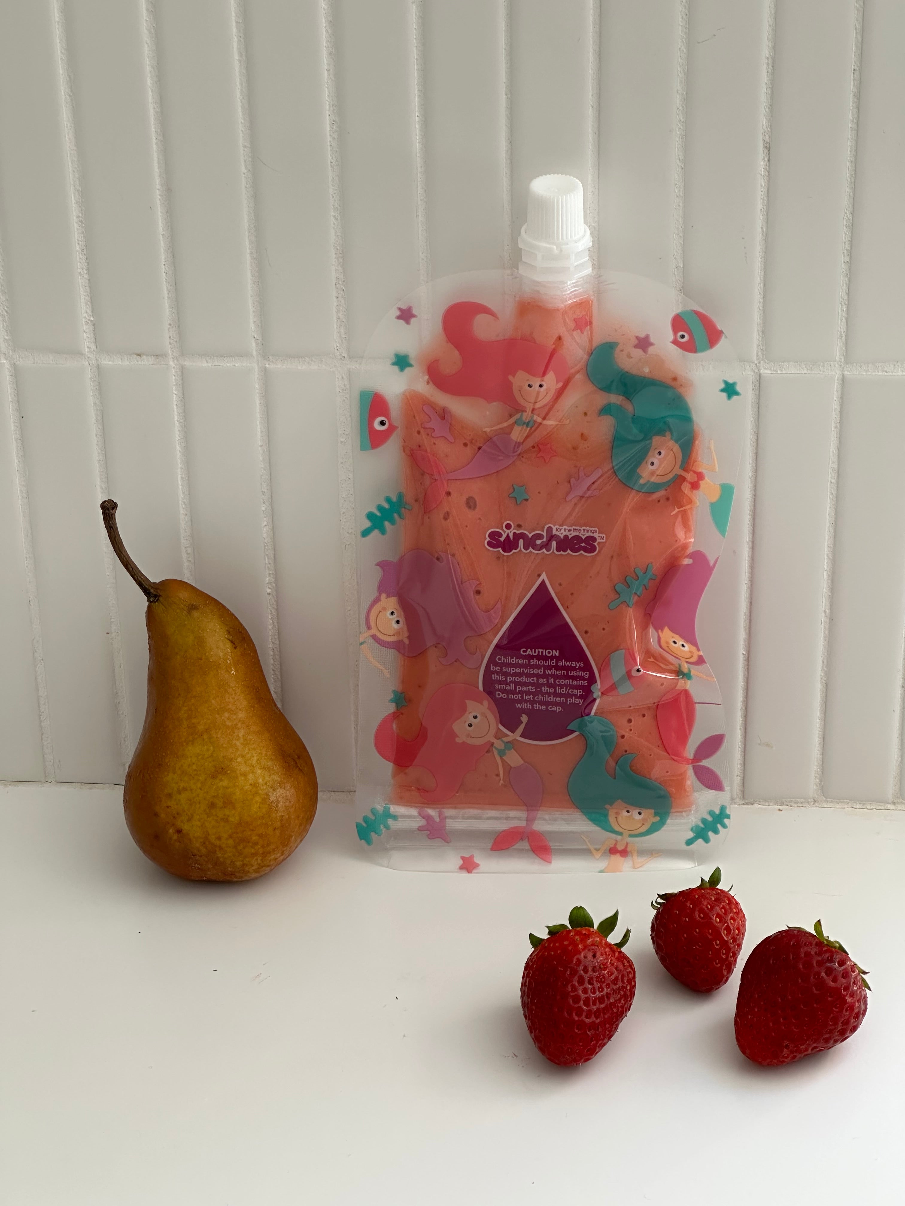 Strawberry and pear puree with Sinchies reusable food pouches