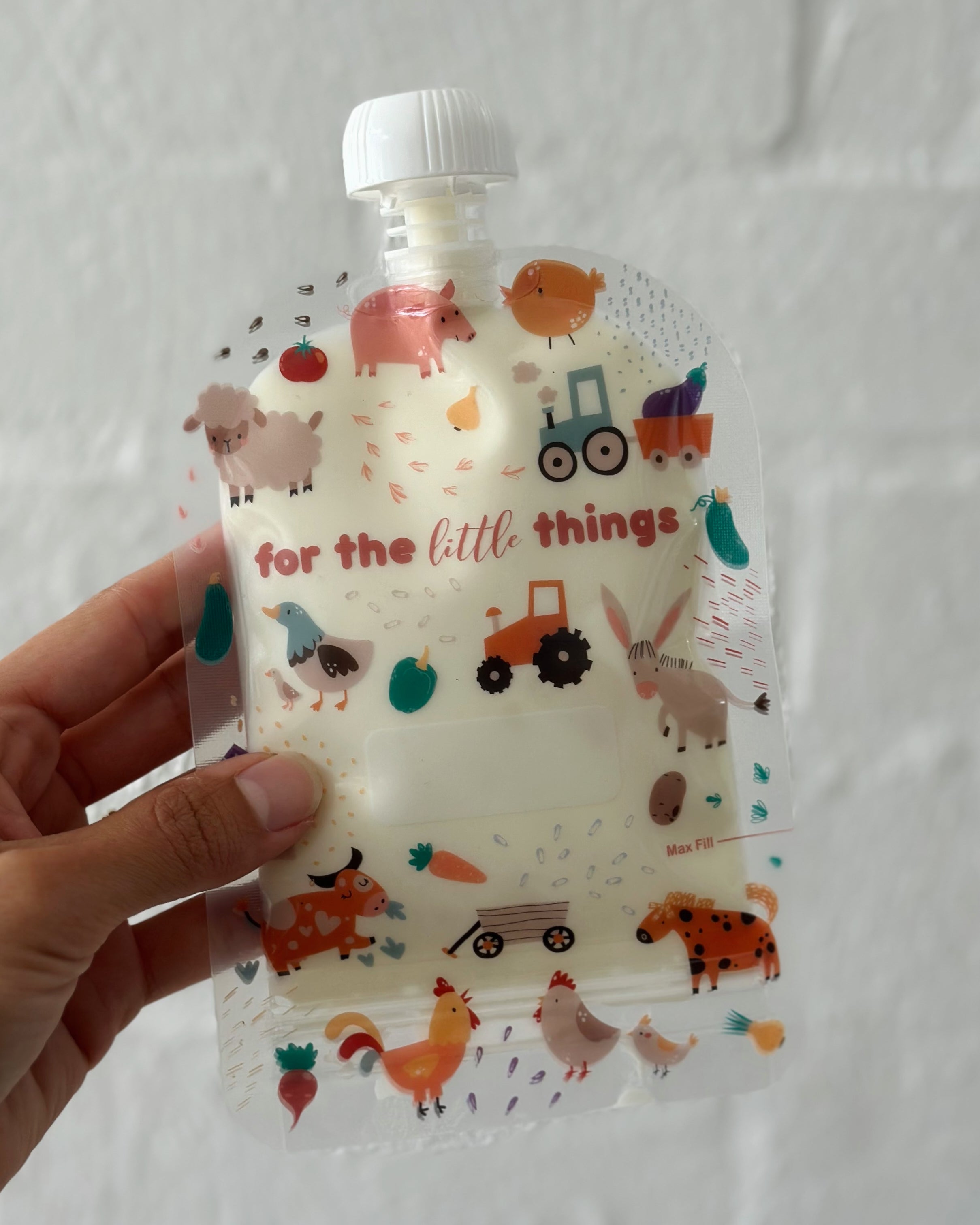 Farmyard Friends farm animals reusable food pouch for yoghurt and baby food