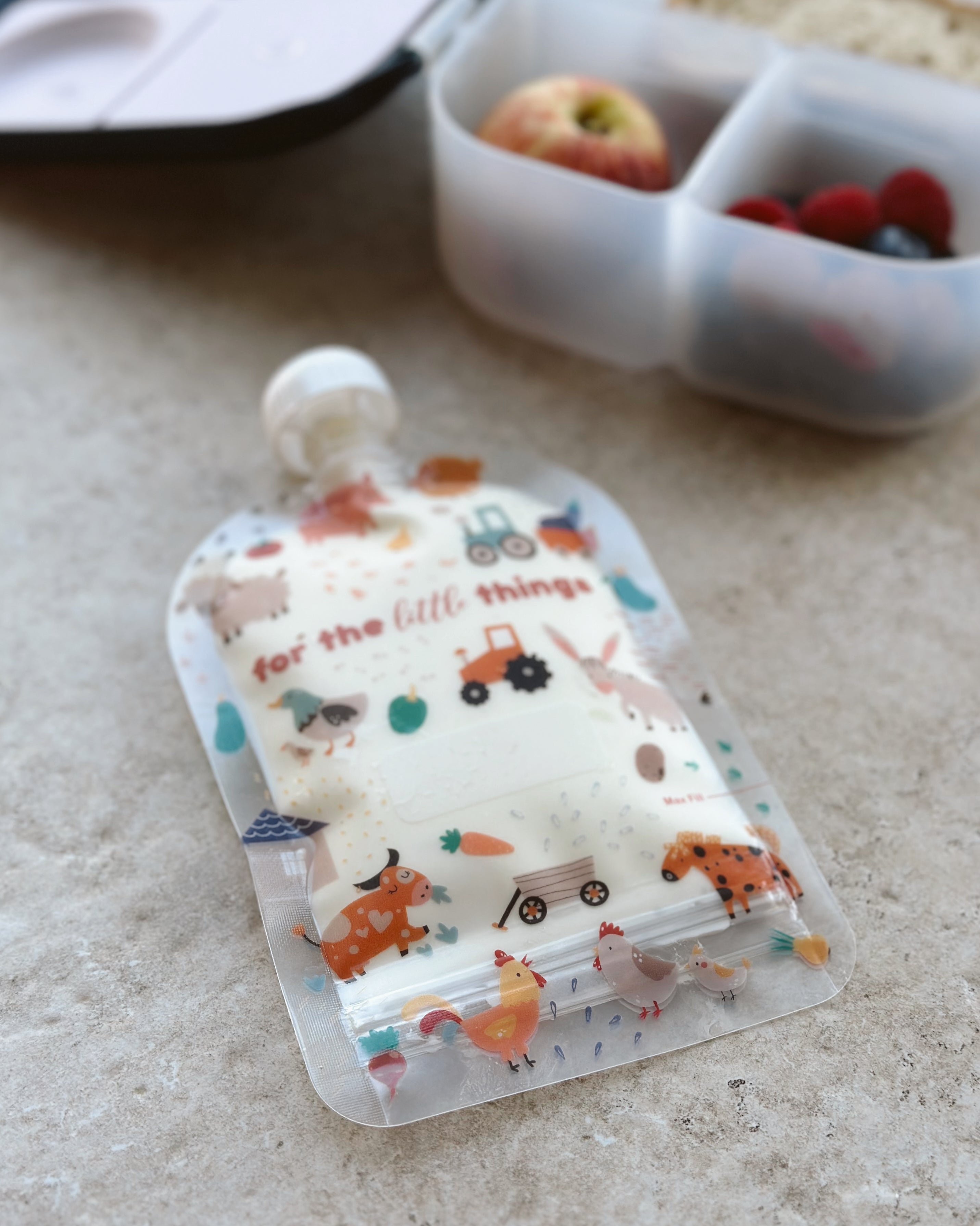 Farmyard Friends farm animals reusable food pouch for yoghurt and baby food