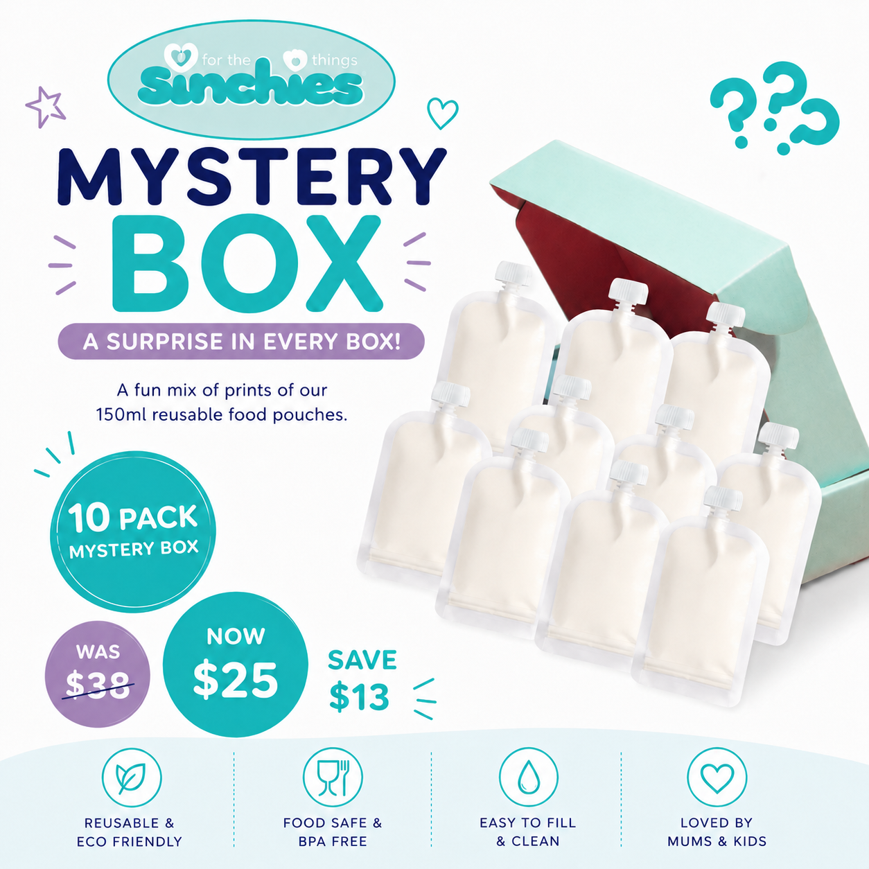 Sunchies mystery box with reusable food pouches on a white background