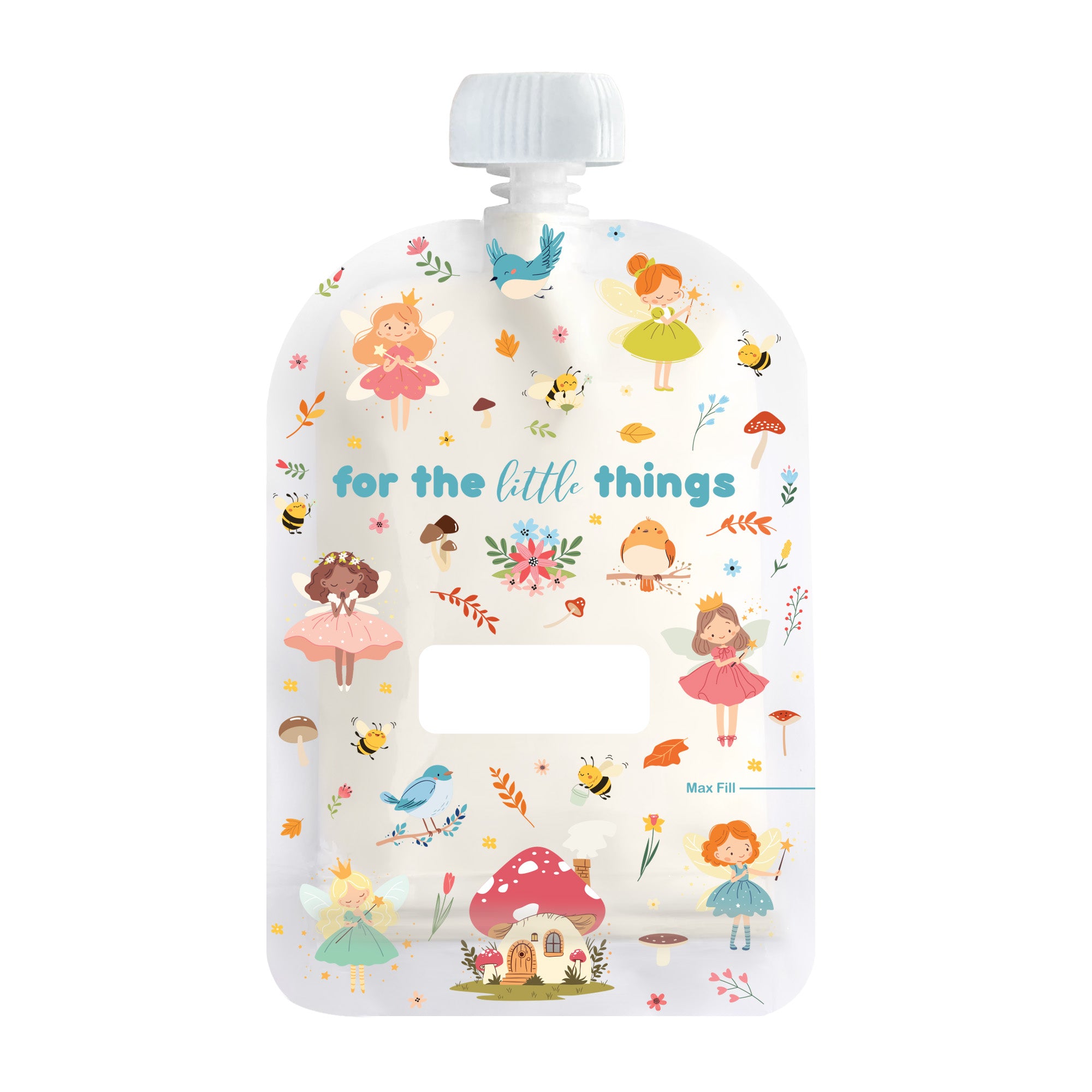 A clear plastic baby bottle pouch with a white screw cap, decorated with whimsical fairy and nature illustrations. The front features a white label window and the printed text 'for the little things' in light blue.