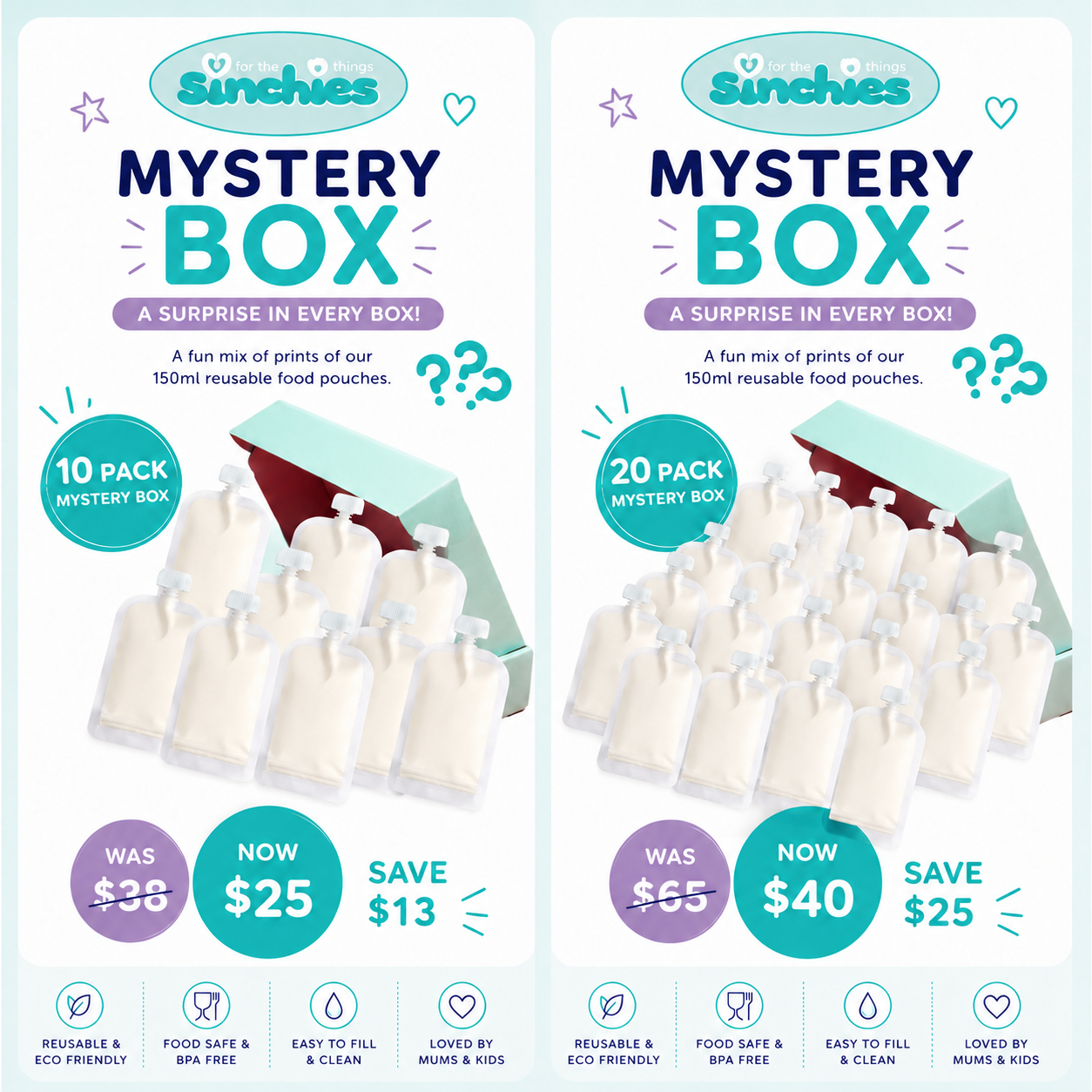 Two promotional cards for Sunchies Mystery Box pouches side by side. The left card shows a 10-pack mystery box at $25, and the right card shows a 20-pack mystery box at $40.