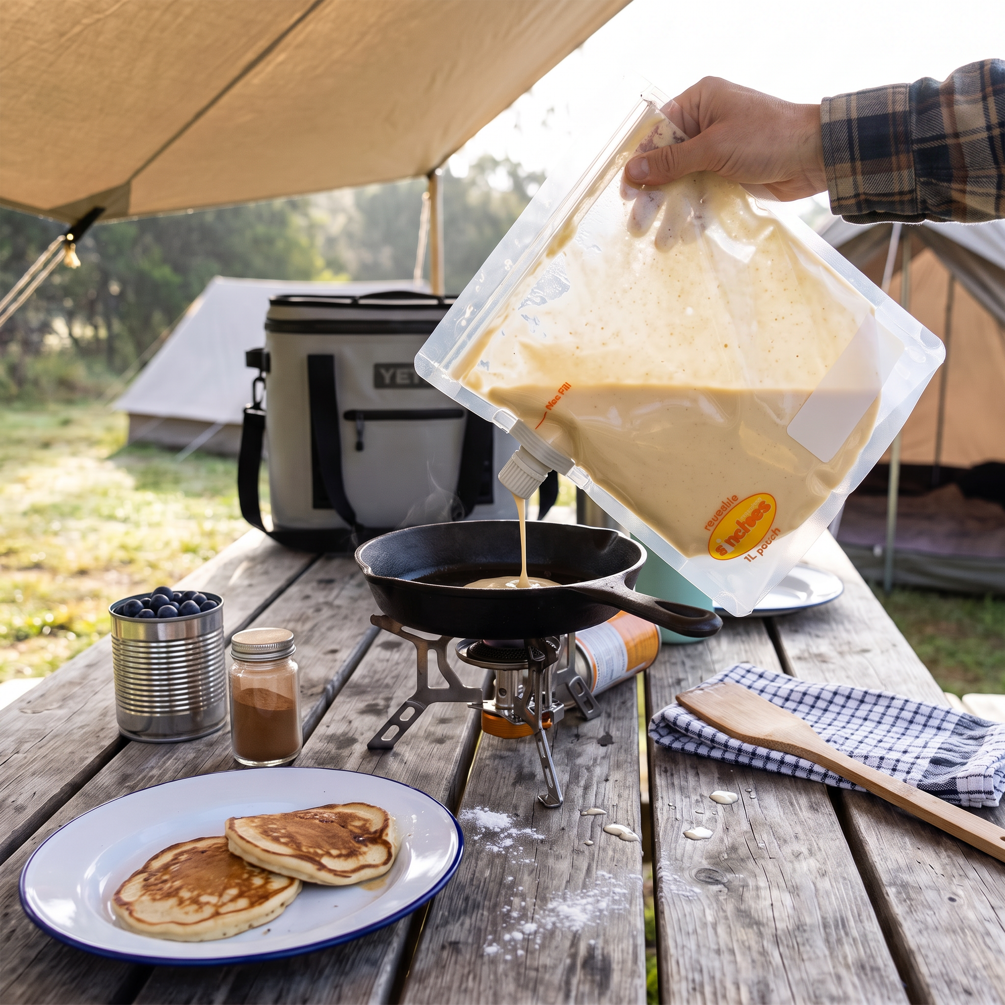 A person pours pancake batter from a large clear hydration pouch with a built-in spout into a small frying pan on a camping stove, set on a wooden table outdoors under a tent.