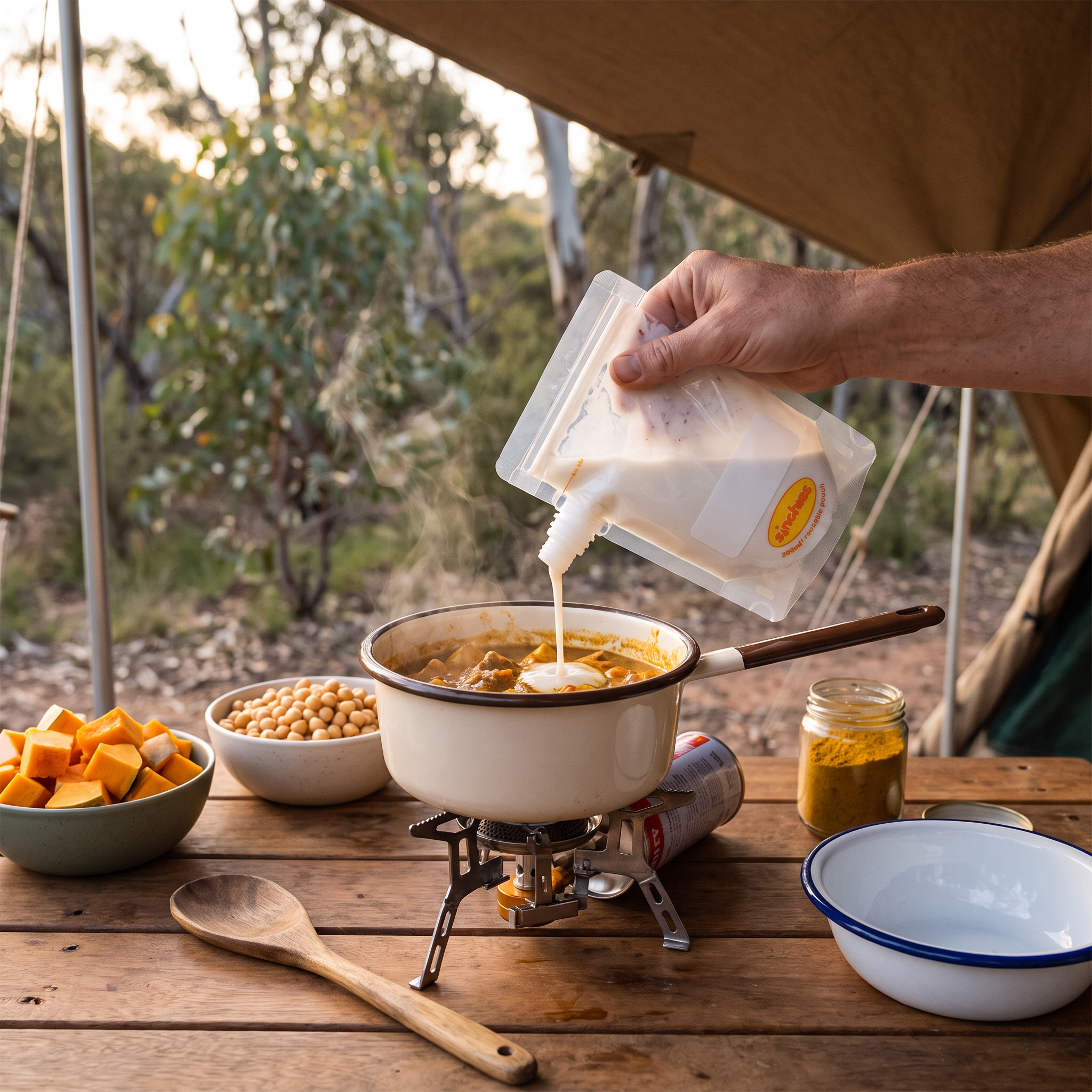 A person's hand pouring a white liquid from a flexible pouch into a small white enamel pot on a camping stove, set on a wooden table outdoors under a canvas tent with bowls of ingredients and a jar of yellow spice nearby.