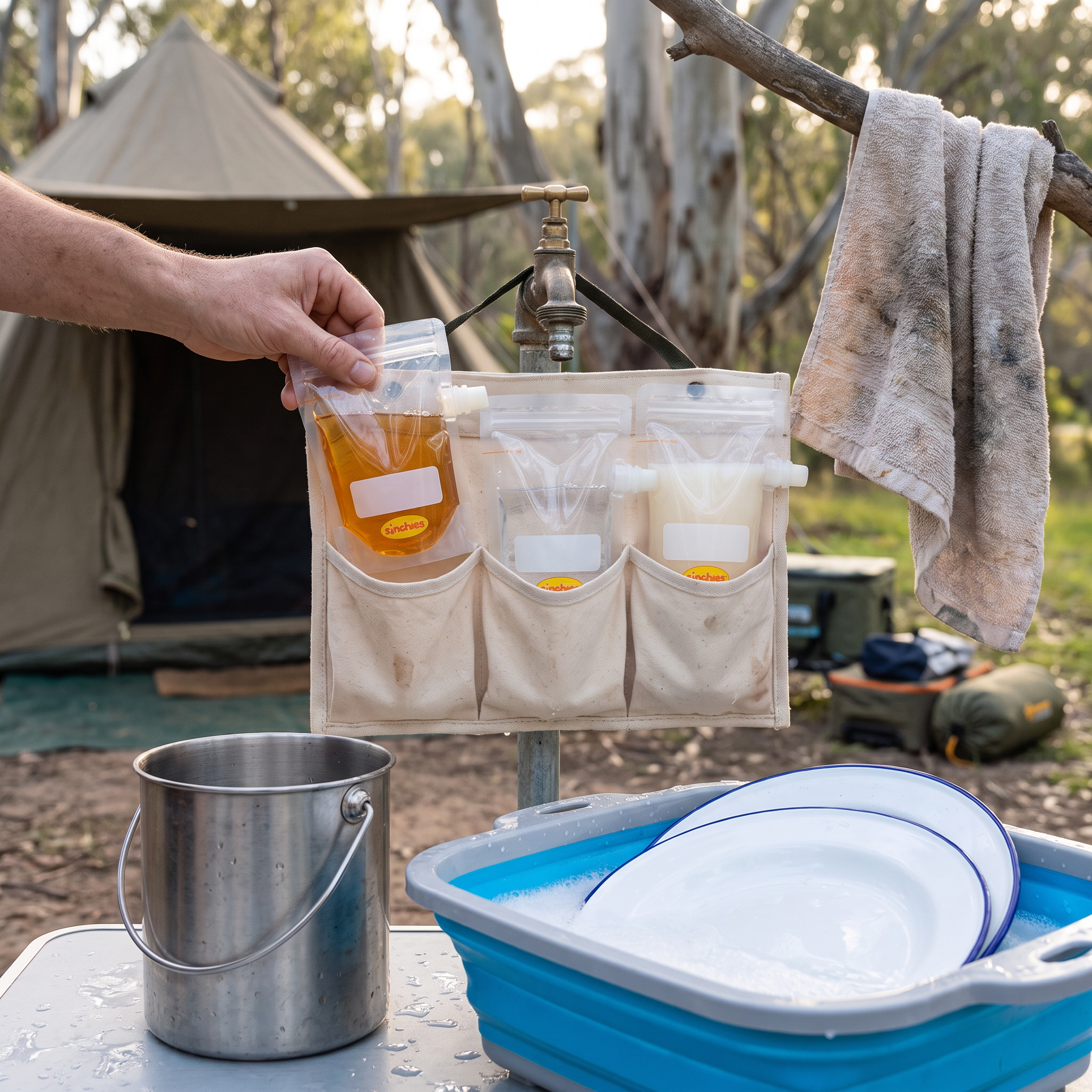 A camping water filtration and dishwashing setup at a campsite, featuring a beige fabric pouch organizer holding three clear pouches with filtered water, a metal bucket, a blue collapsible sink, white enamel plates, and a hand reaching toward the pouches.