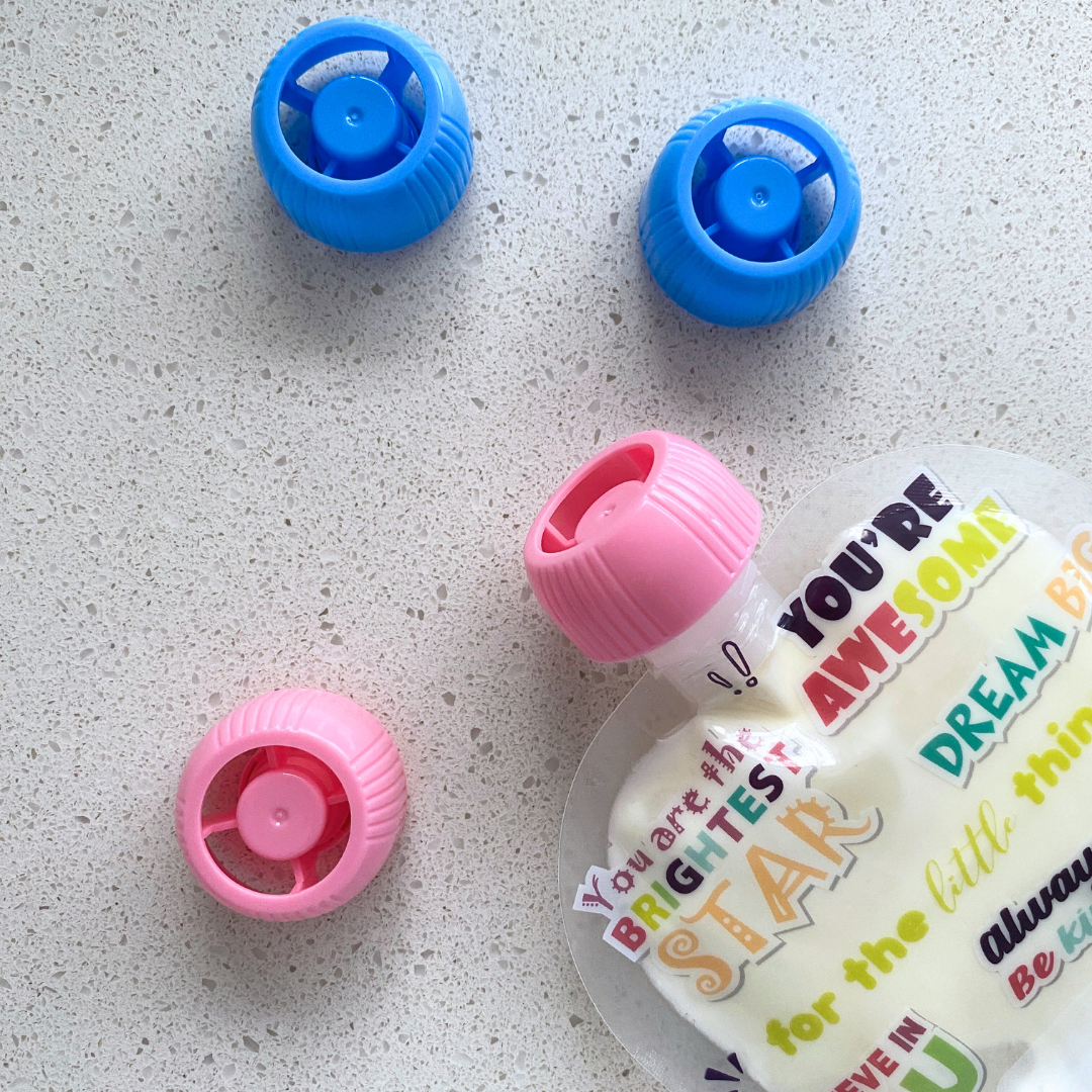 pink and blue Sinchies child safe anti-choke lids (5 pack)