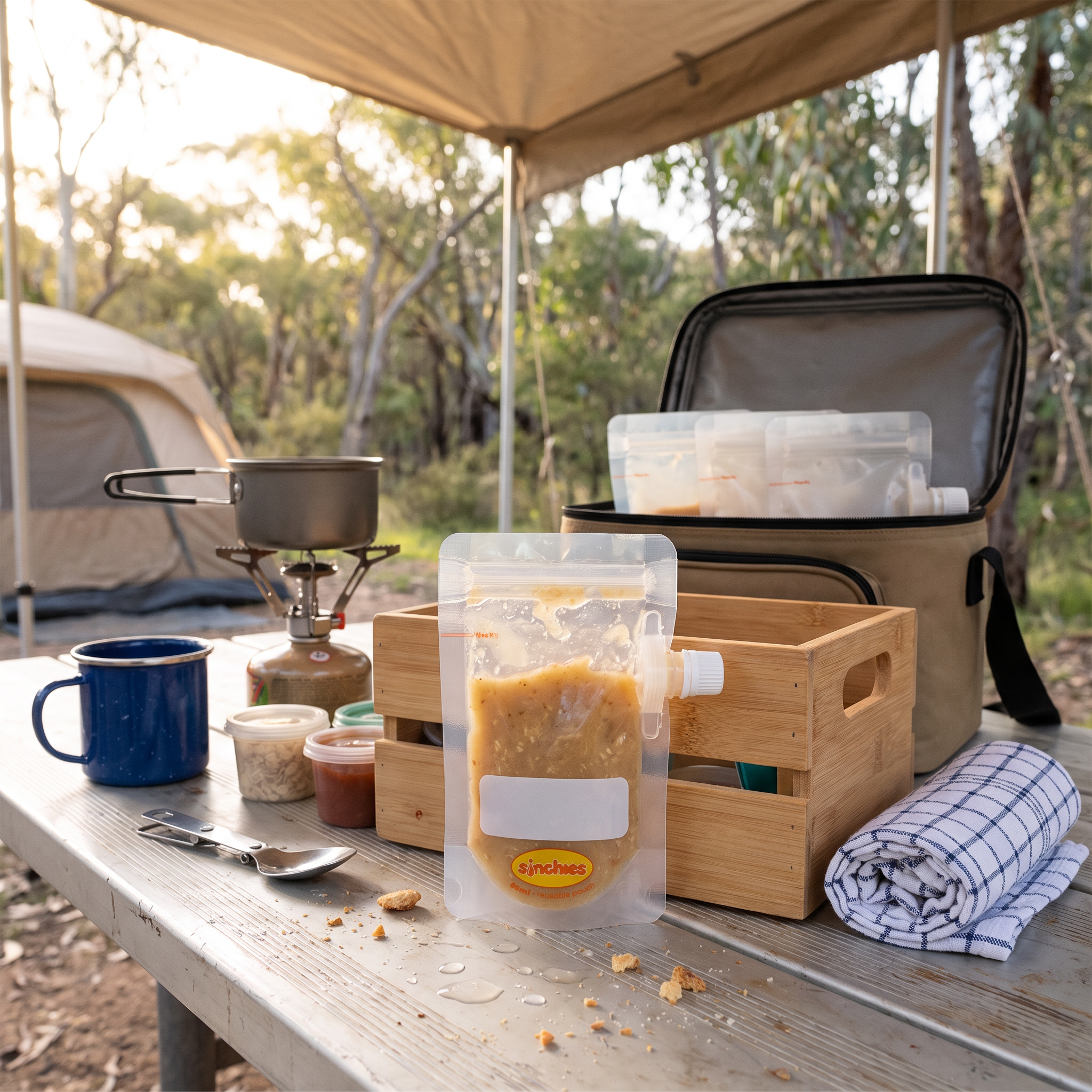 A clear stand-up pouch filled with a yellow-orange powder or granular substance sits on a wooden table at a campsite. An open cooler bag, wooden crate, blue mug, spoon, and other camping items are arranged around it, with trees and a tent in the background.