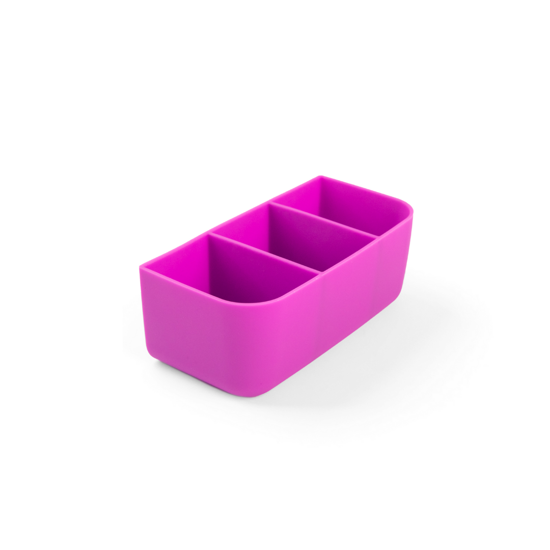 Pink silicone organizer with two compartments on a white background