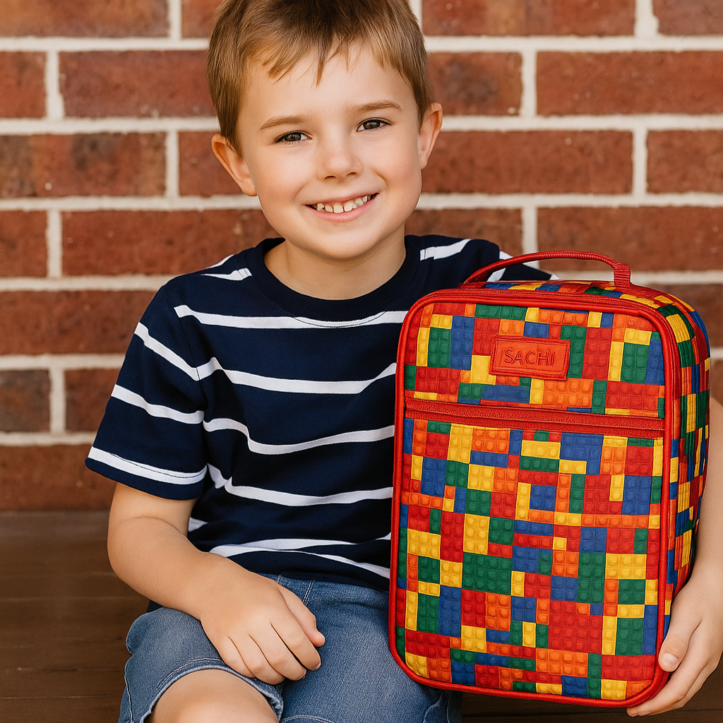 Child holding a colorful bricks backpack against a brick wall