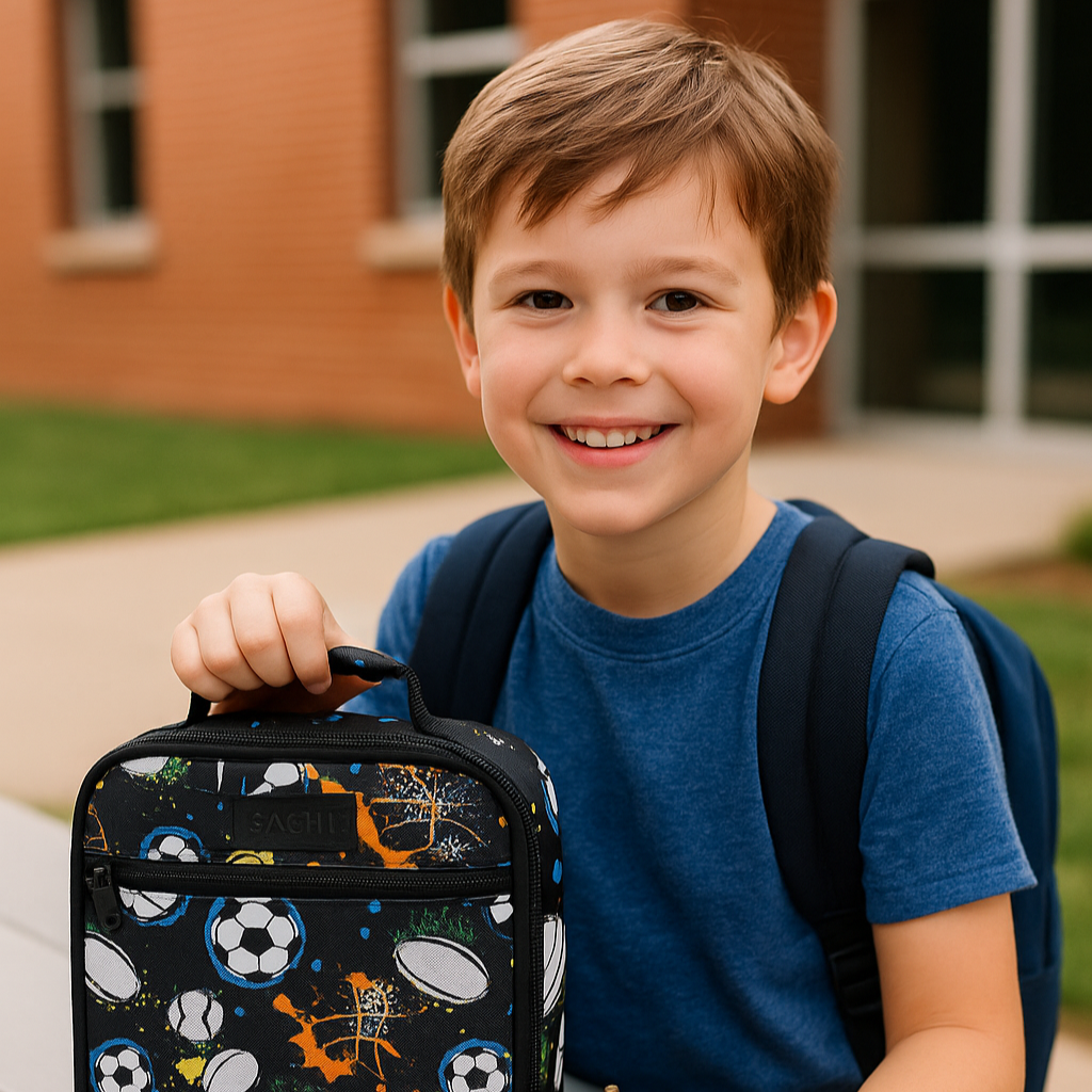 Young boy with a lunch bag and apple outdoors