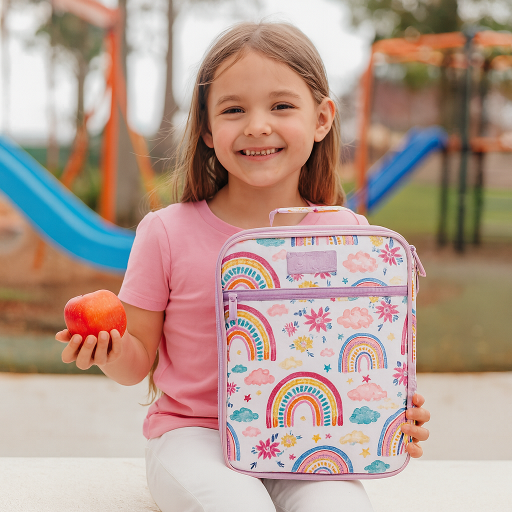 Young girl holding a colorful rainbow lunch bag with a playground in the background