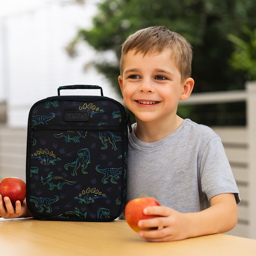 Child with dinosaur-patterned backpack and apples outdoors