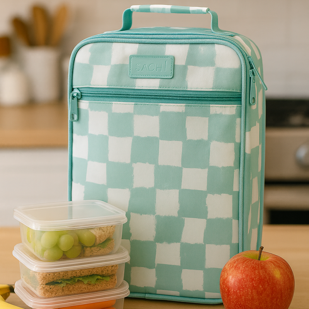 Checkered lunch bag on a kitchen counter with containers and an apple