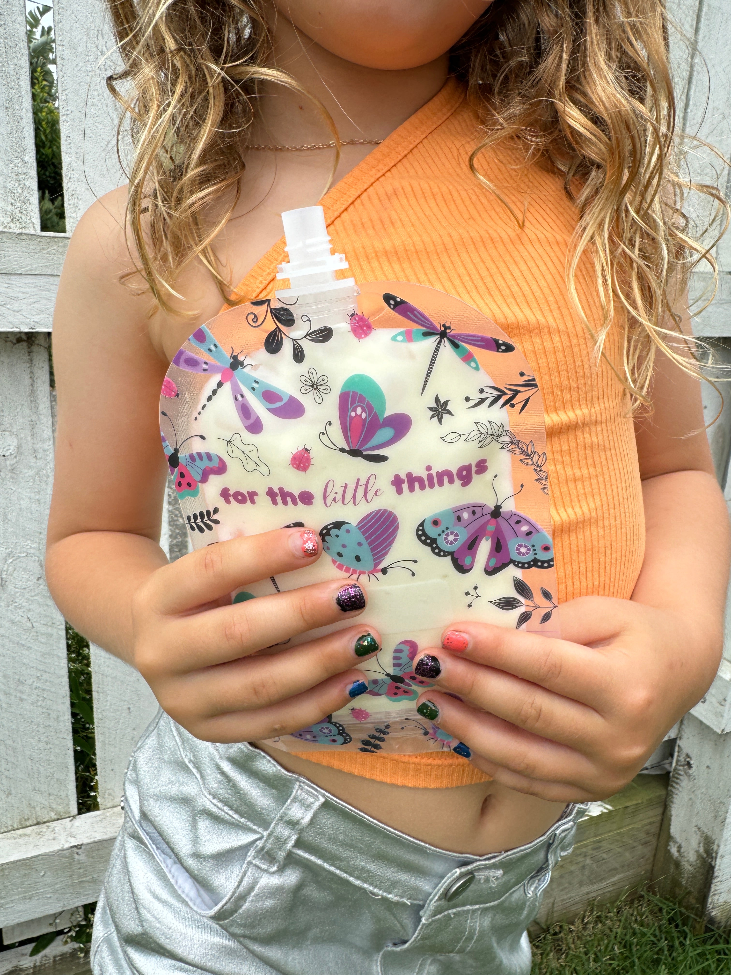 Purple butterflies reusable food pouch