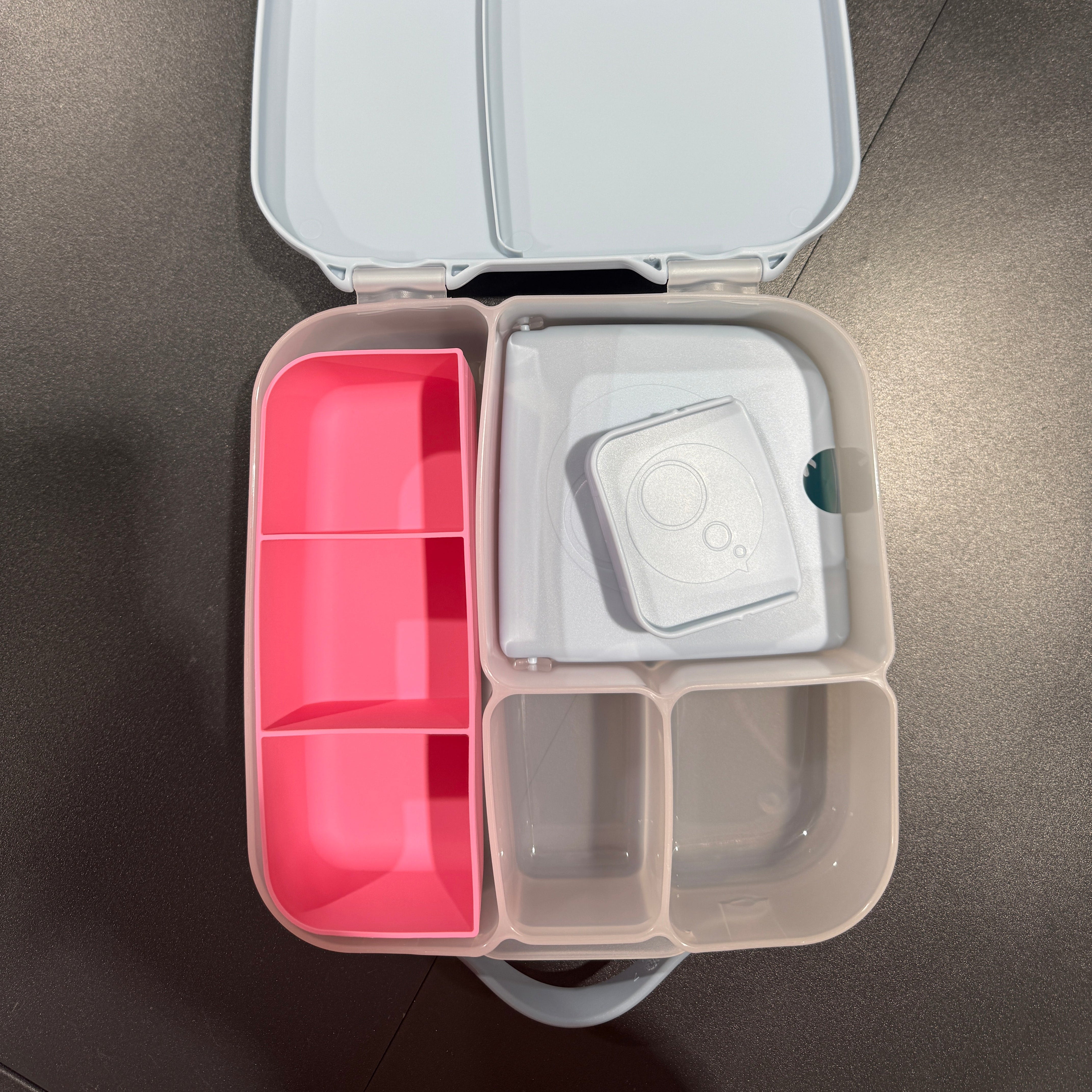 Pink feast tray in blue bbox lunch box