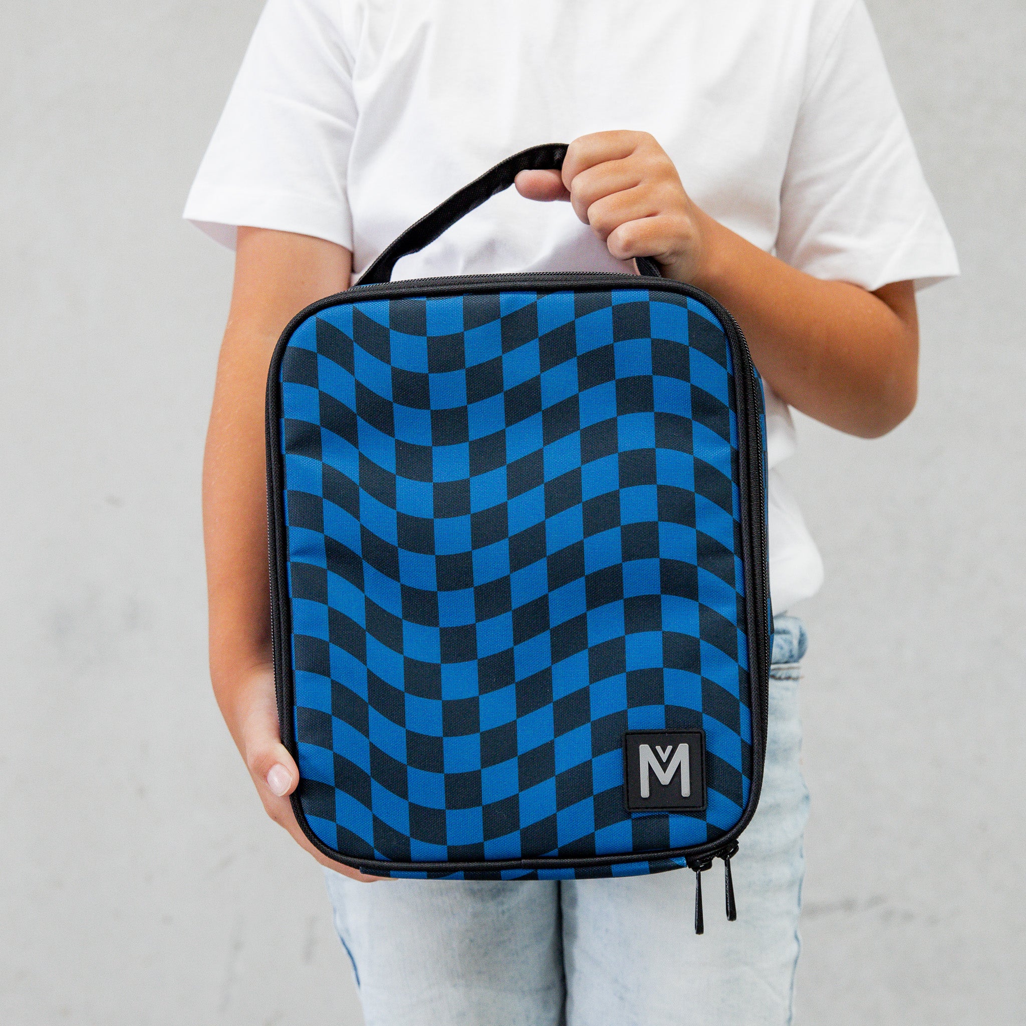 blue and black check insulated lunch bag