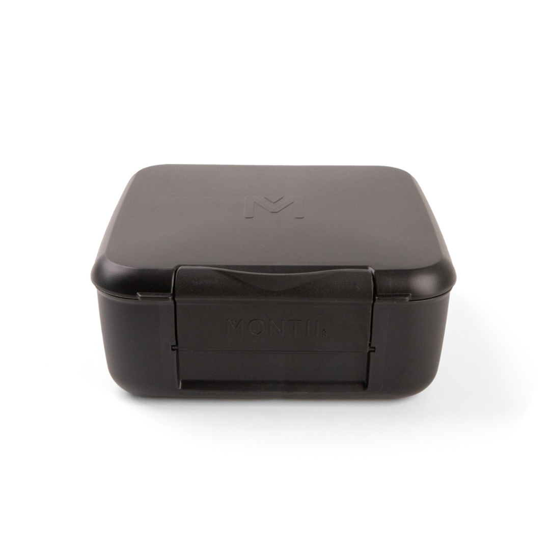 Black rectangular container with a lid on a white background