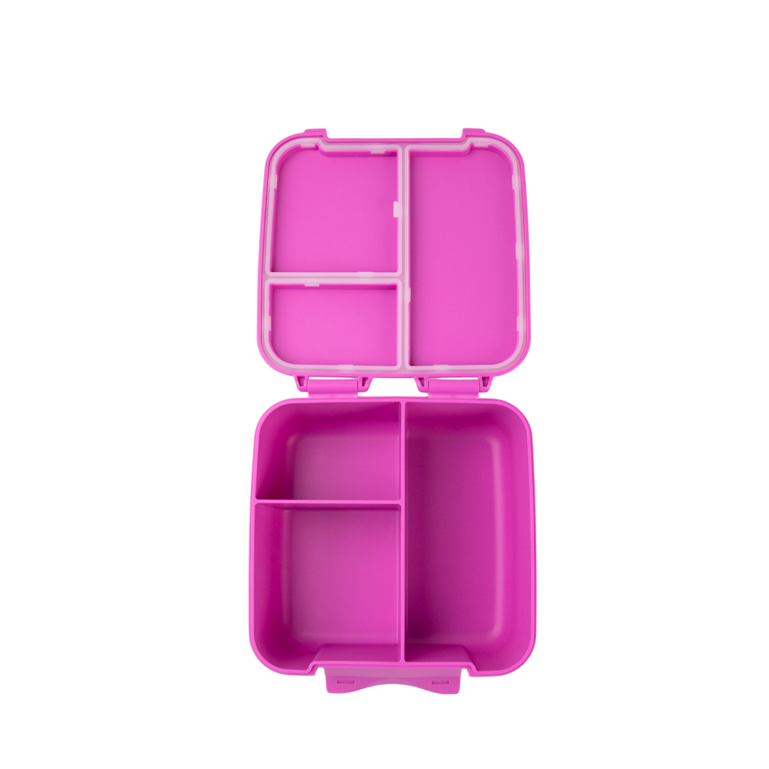 Pink compartmentalized container with open lid on a white background
