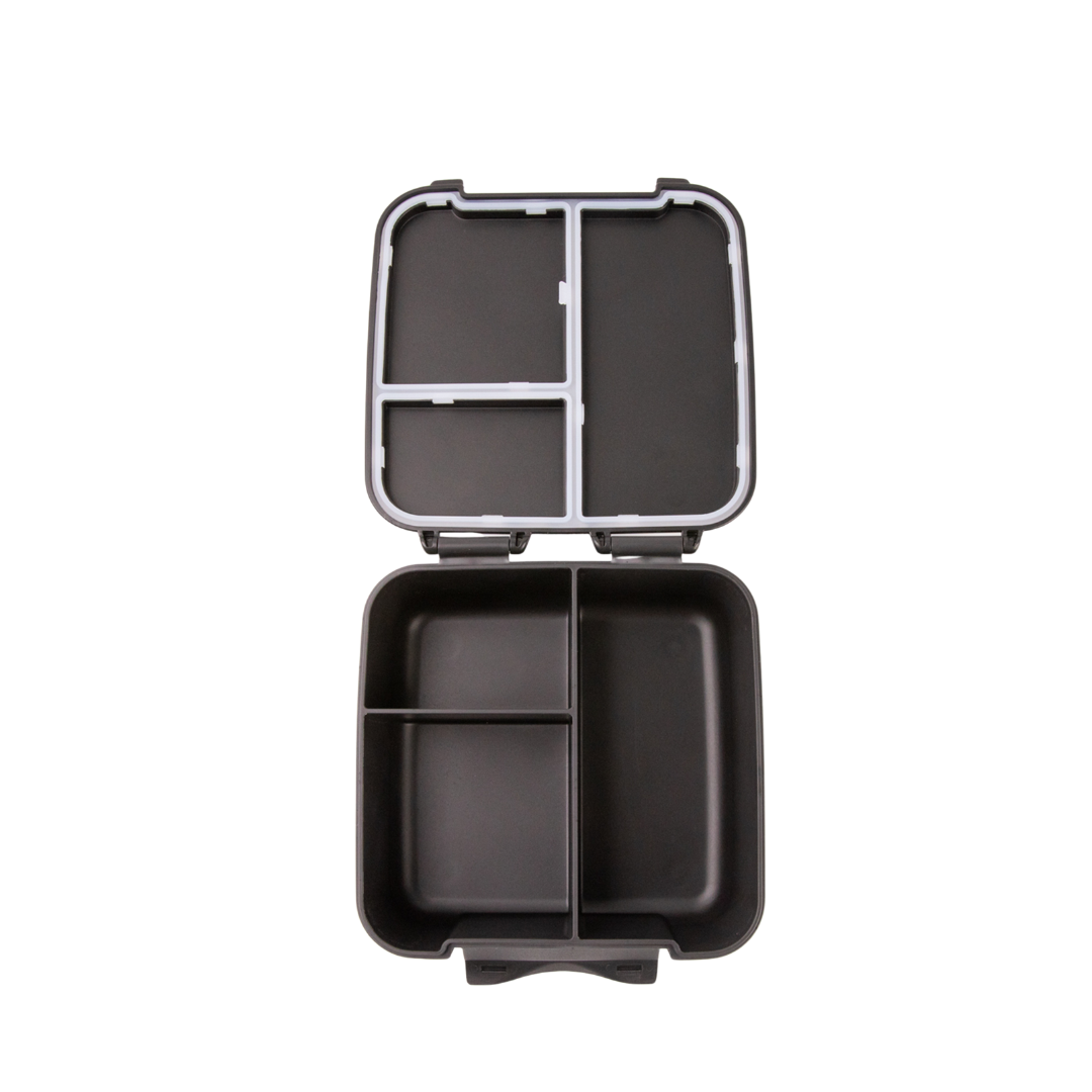Black compartmentalized container with open lid on a white background