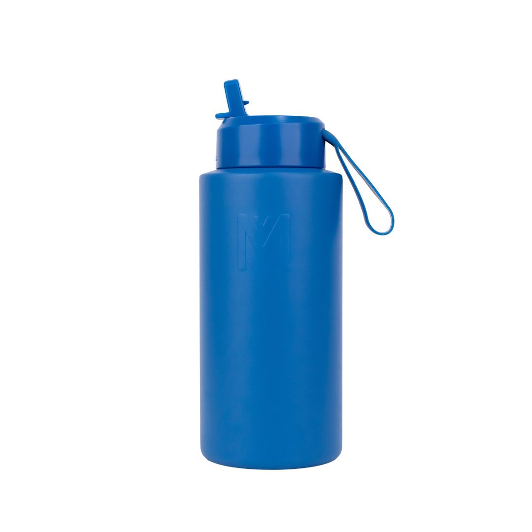 Blue water bottle with sipper lid and straw from MontiiCo