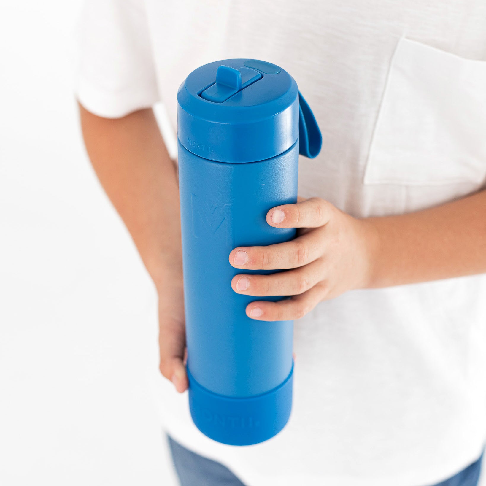 Blue water bottle with sipper lid and straw from MontiiCo