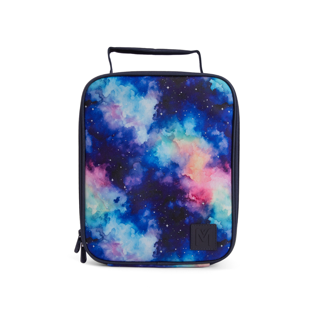 Colorful galaxy-patterned lunch bag bag with a black handle on a white background