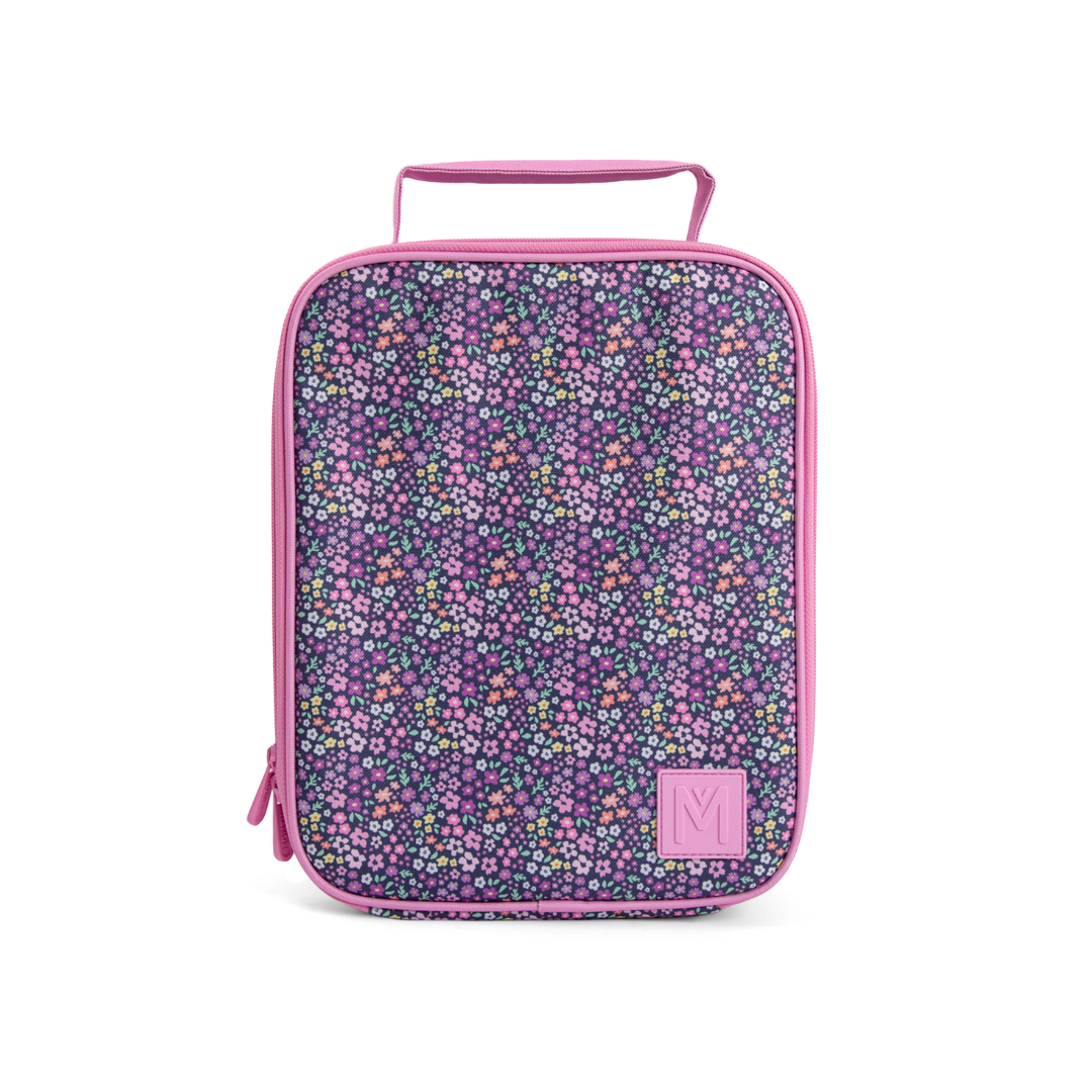 Floral patterned lunch bag with pink trim on a white background