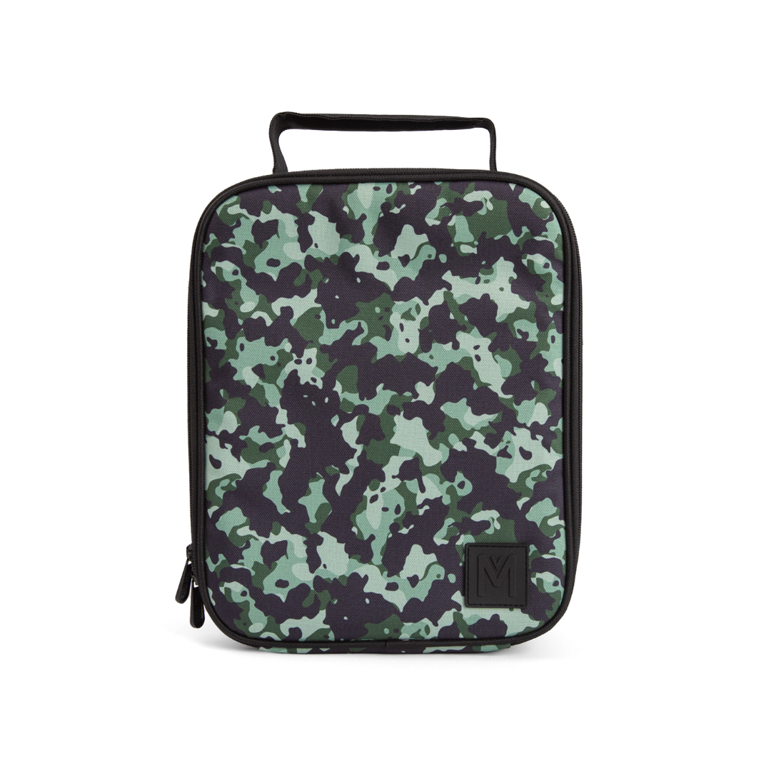 Camouflage-patterned lunch bag on a white background