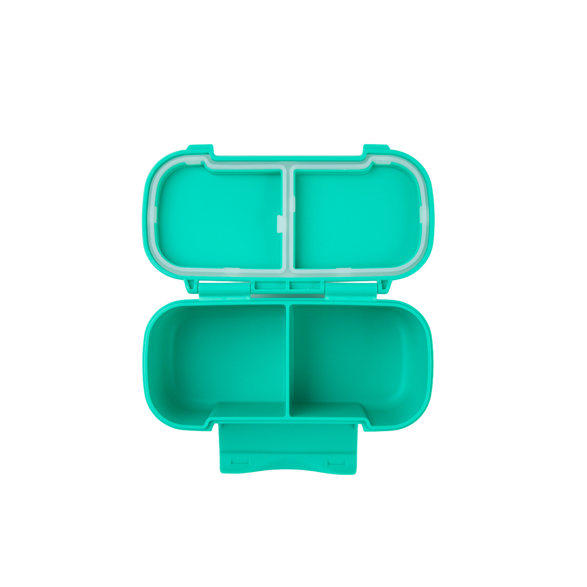 Turquoise plastic container with a lid on a white background