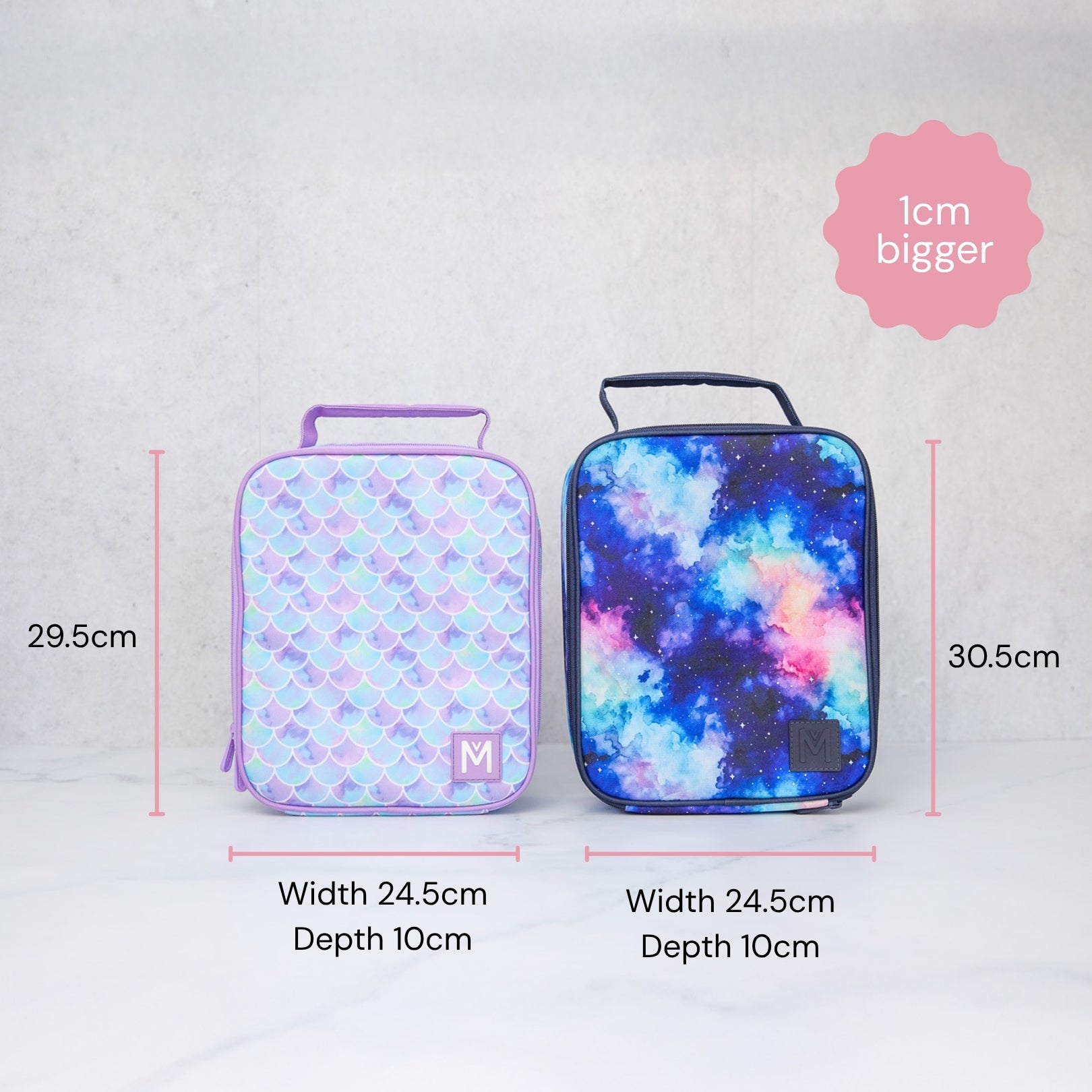 Two lunch bags with measurements and a size comparison label on a light gray background