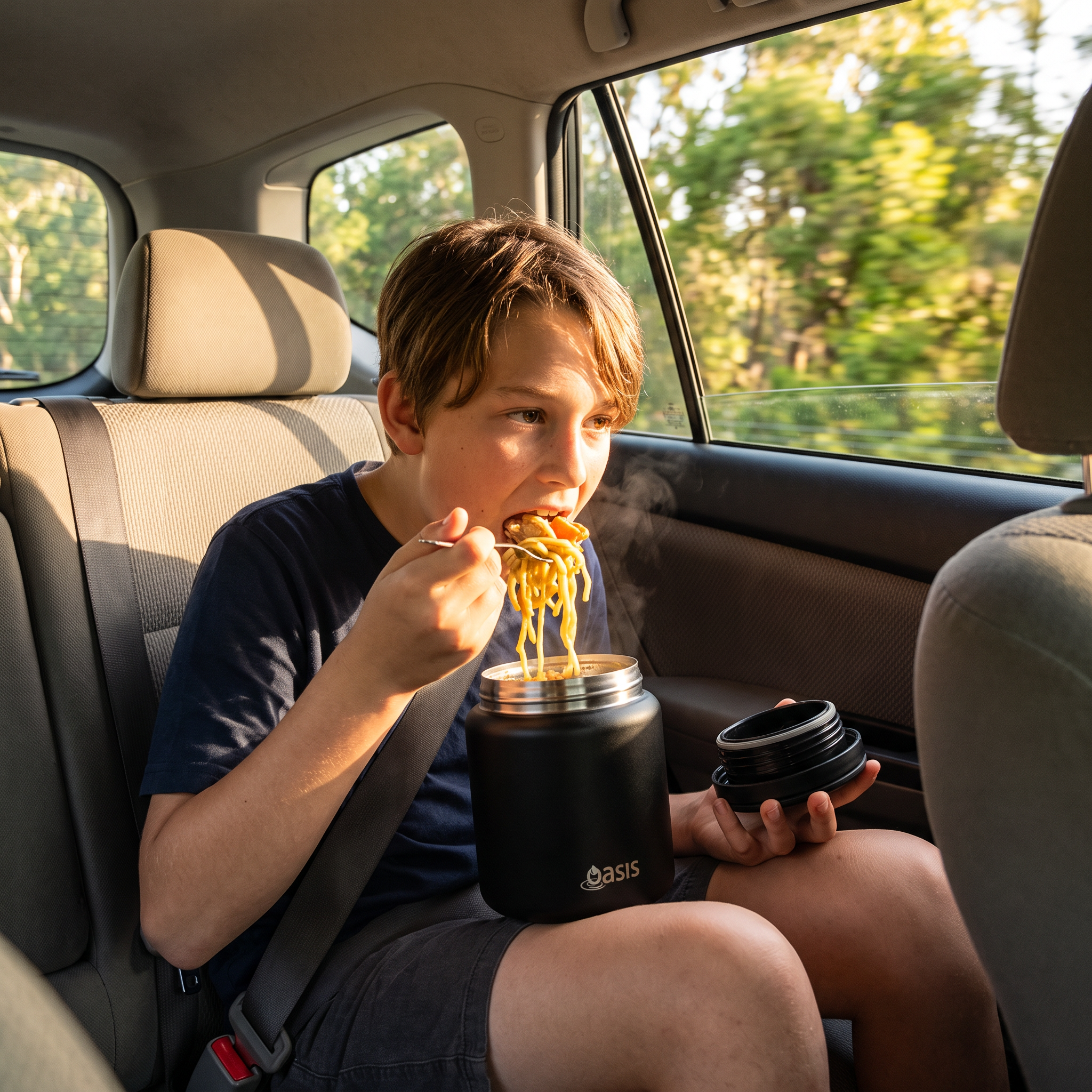 A boy eating noodles from a black insulated meal container in a car. The container has a visible Oasis logo on the front and is shown with its lid removed, with steam rising from the food.