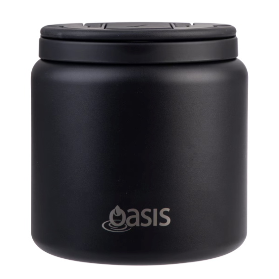 A matte black insulated can cooler with a matching screw-on lid and the silver 'Oasis' logo printed on the front, set against a plain white background.