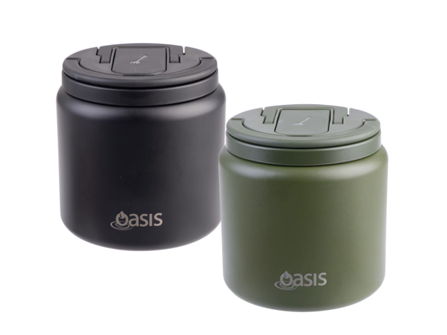 Two matte insulated canisters with screw-top lids from the brand OASIS, shown on a plain white background. One is matte black and the other is matte olive green.