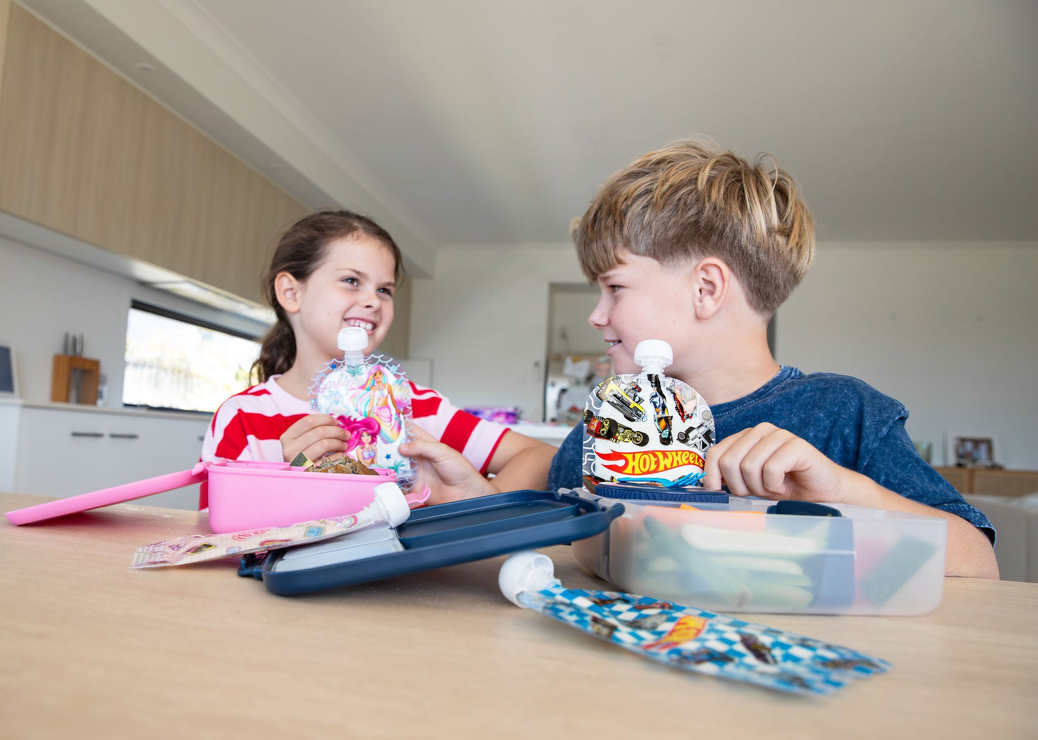 Hot Wheels and Barbie Sinchies reusable food pouches