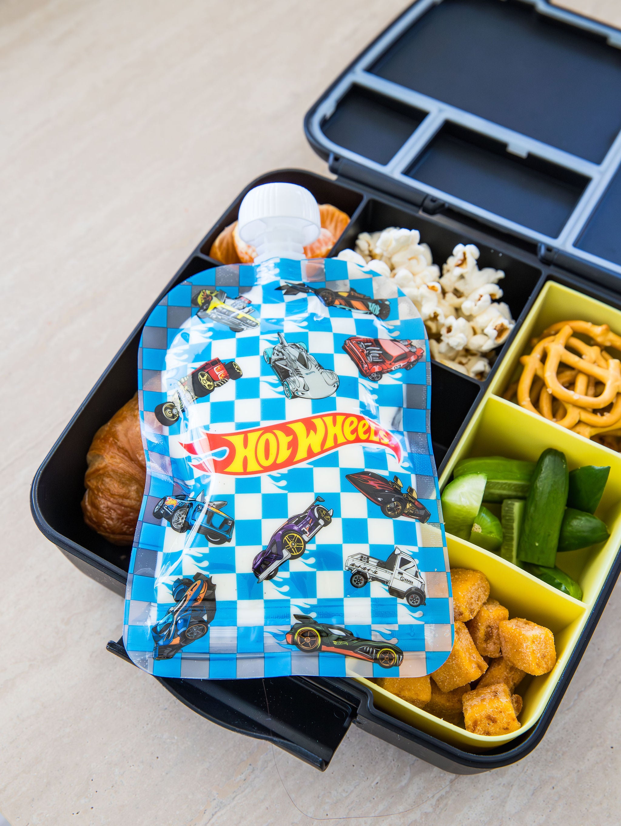 Hot Wheels blue check Sinchies reusable yoghurt pouch