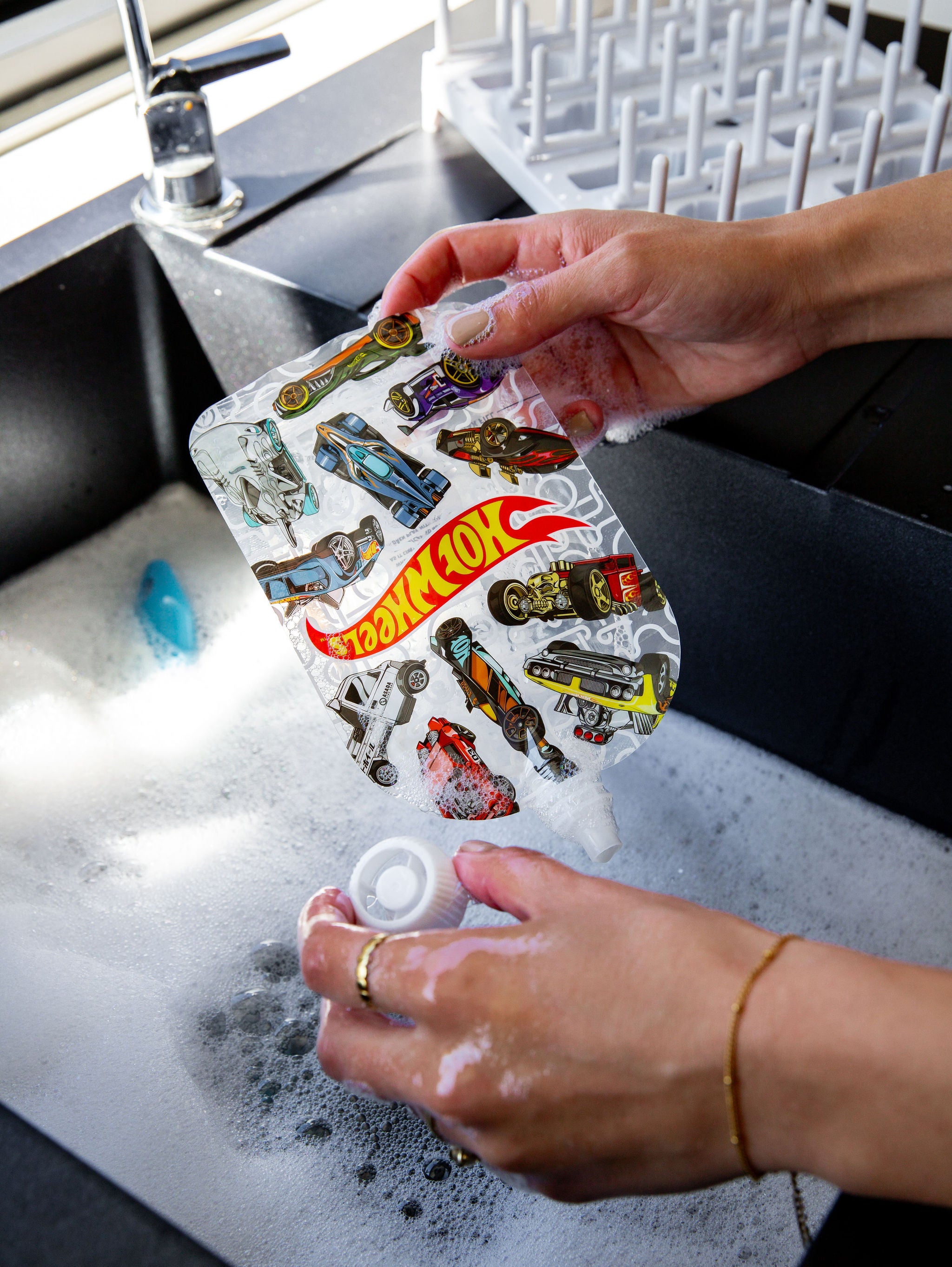 Hot Wheels cars pit stop Sinchies reusable yoghurt pouch