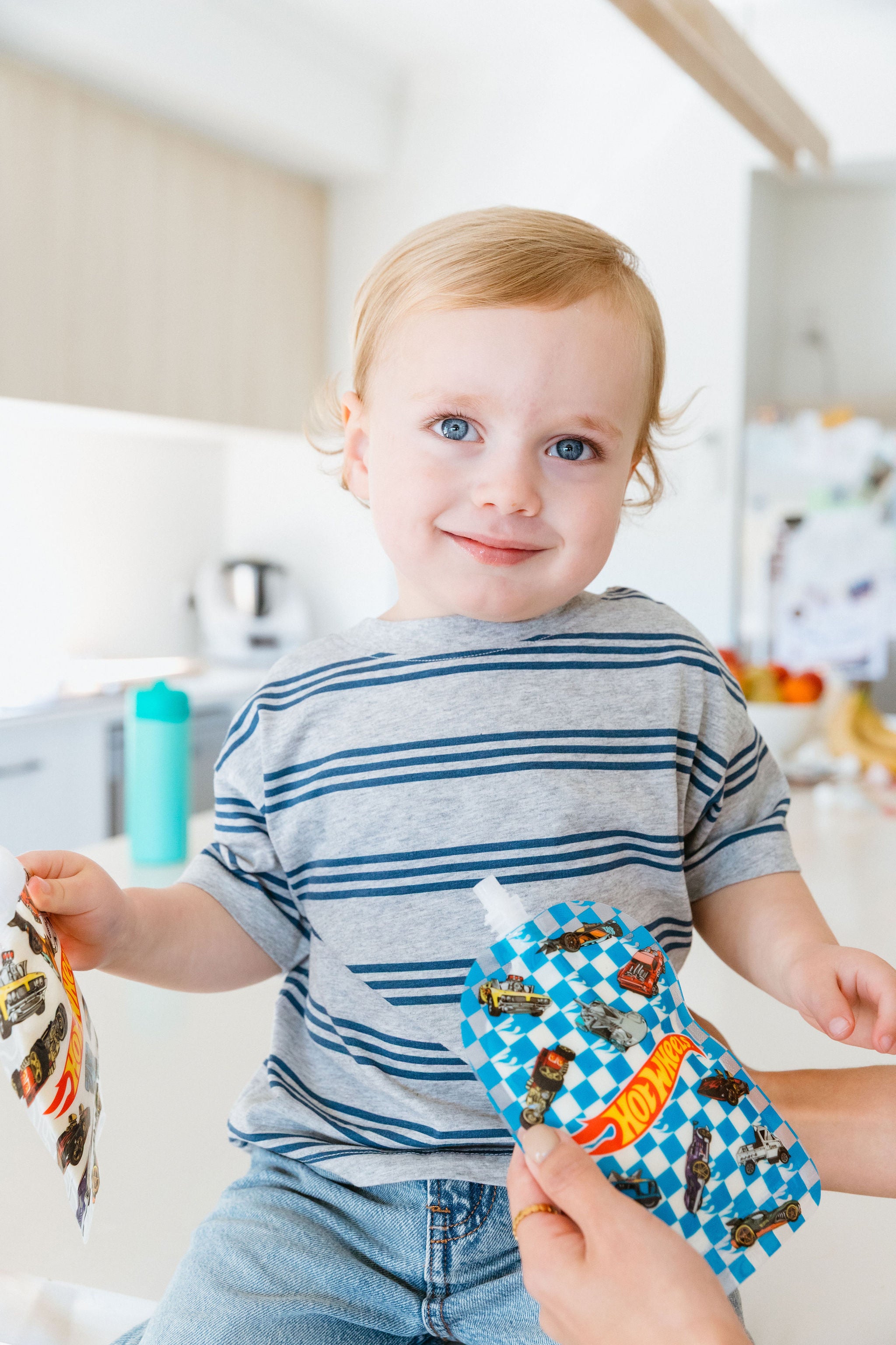 Hot Wheels blue check Sinchies reusable yoghurt pouch