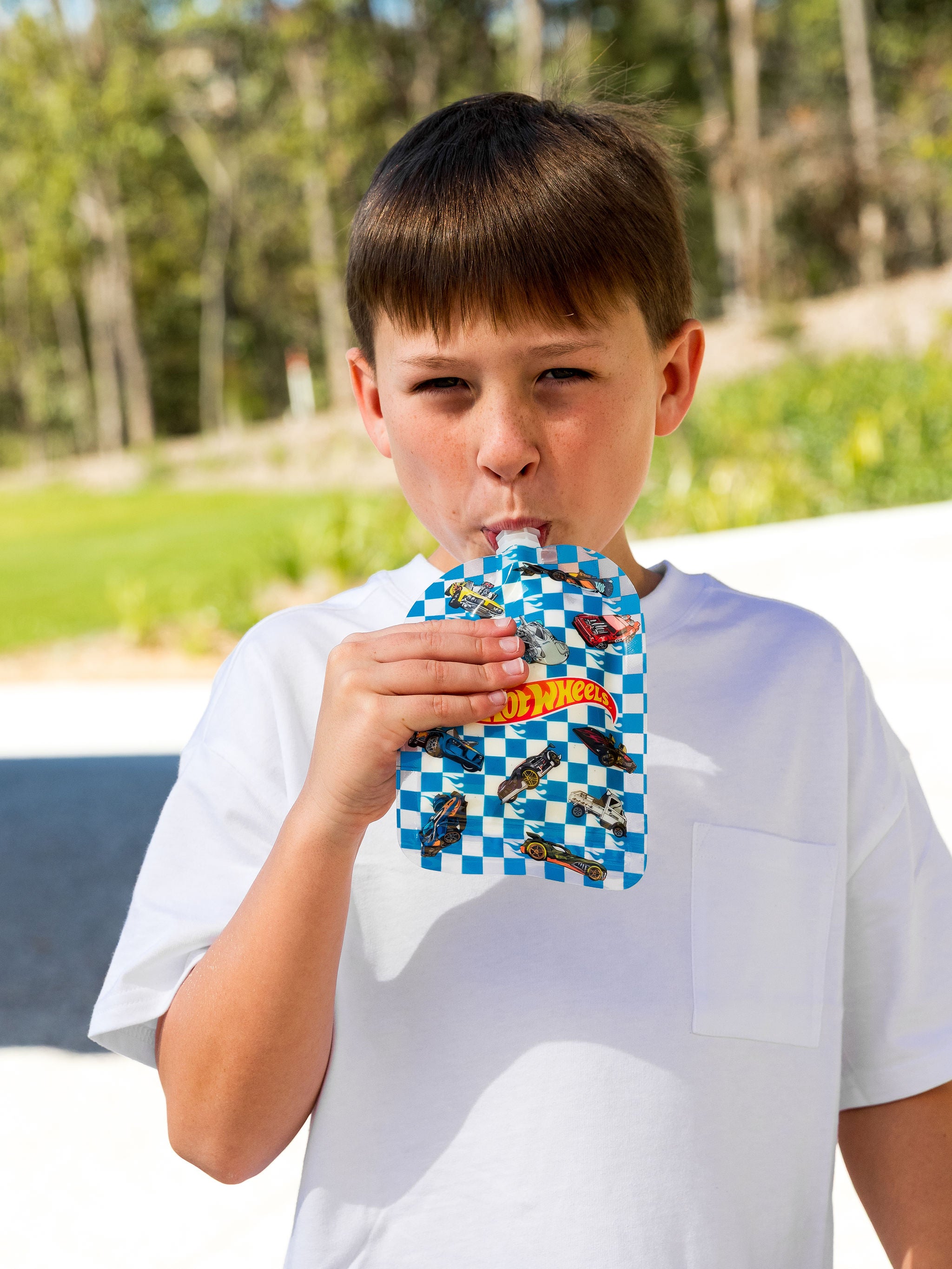Hot Wheels blue check Sinchies reusable yoghurt pouch