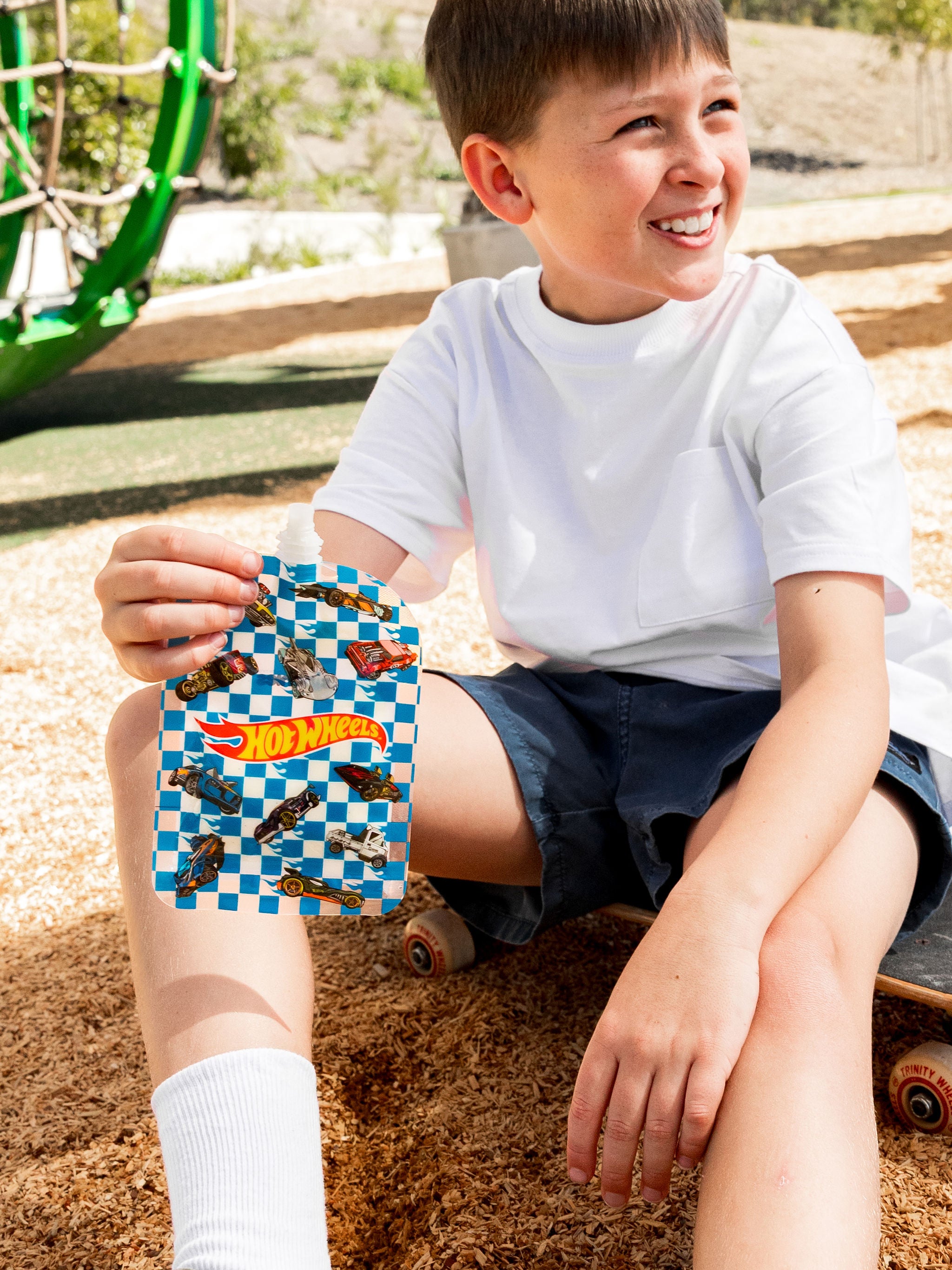 Hot Wheels blue check Sinchies reusable yoghurt pouch