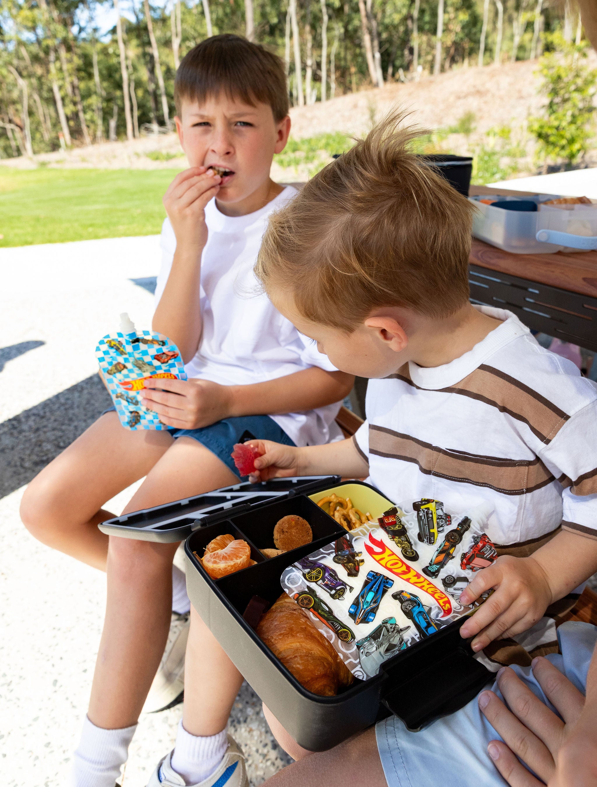 Hot Wheels blue check Sinchies reusable yoghurt pouch