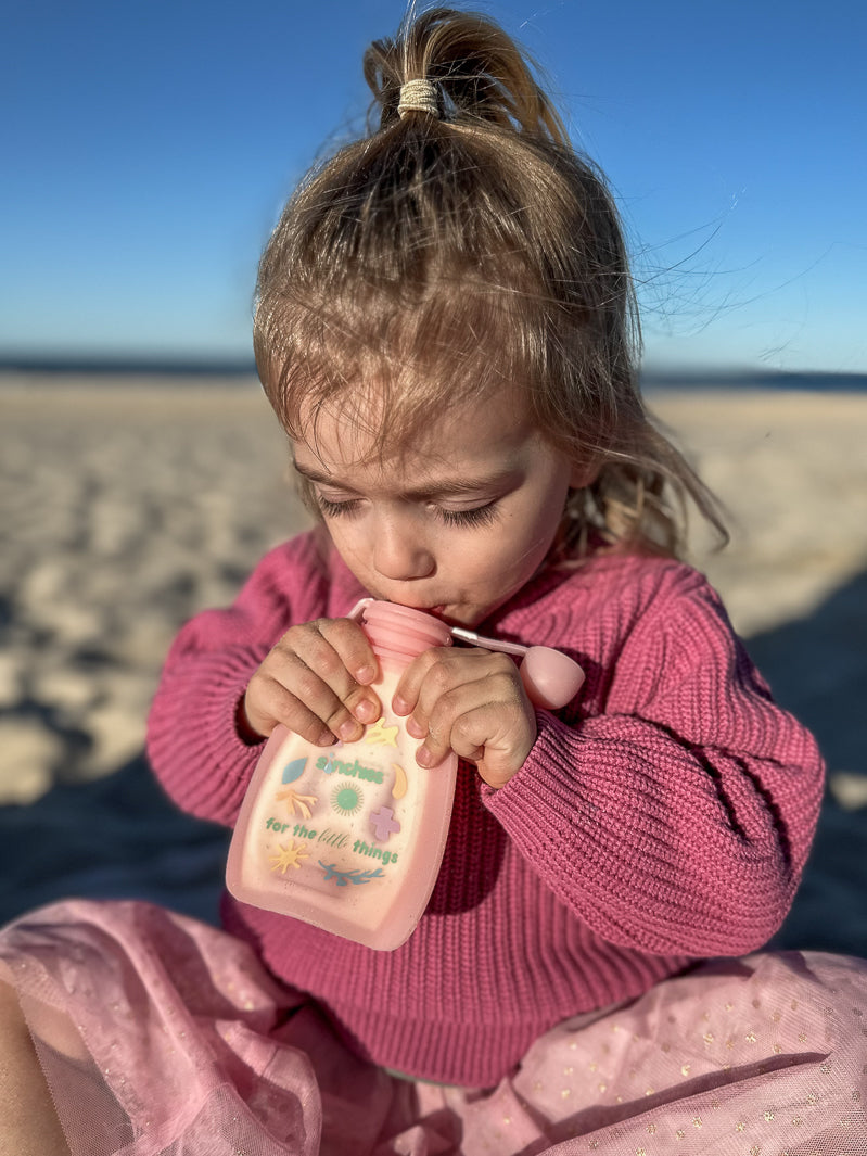 Pink silicone squeezy food pouch