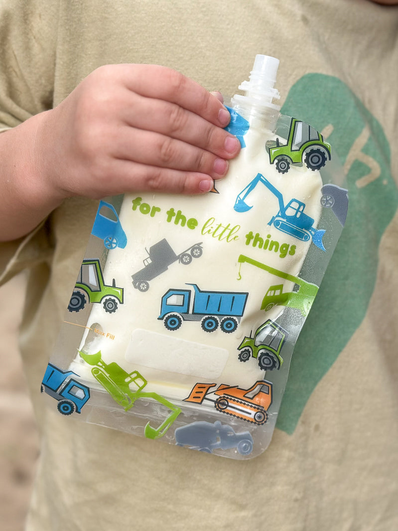 Trucks and diggers reusable food pouch