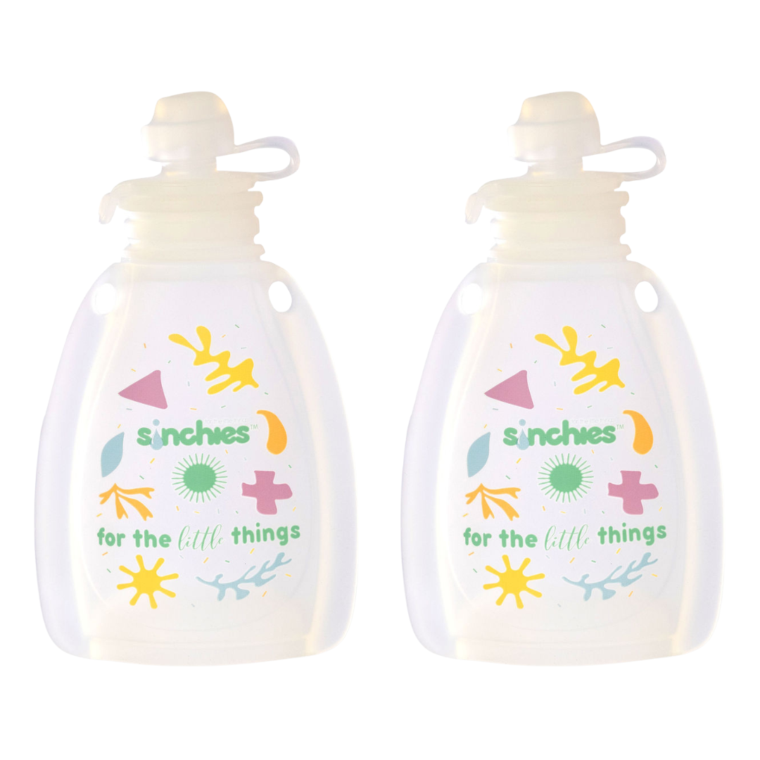 2 white sinchies silicone food pouches