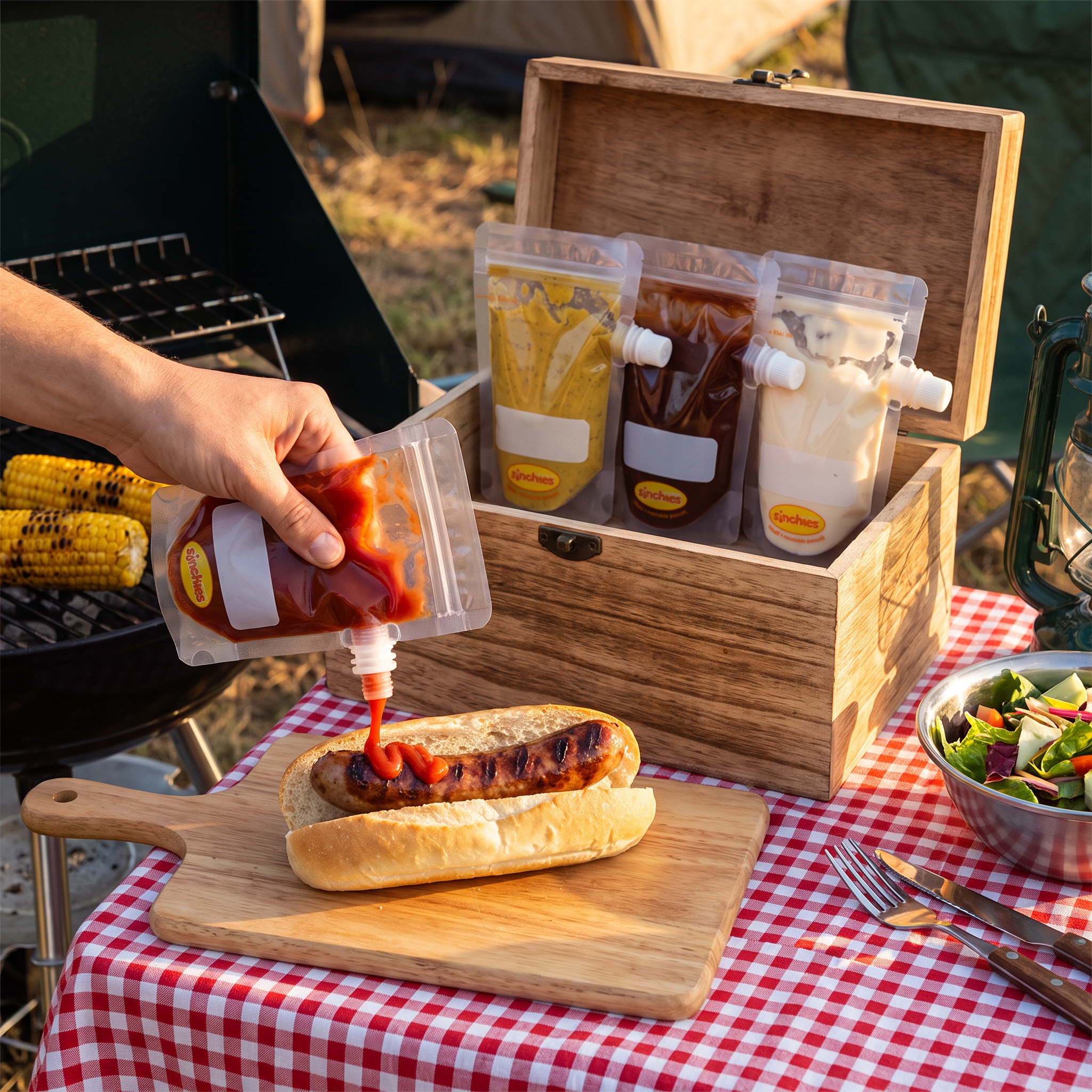 A hand squeezes a clear pouch of red sauce onto a hot dog bun on a wooden board, with a wooden storage box holding three more sauce pouches in the background at an outdoor picnic setup.