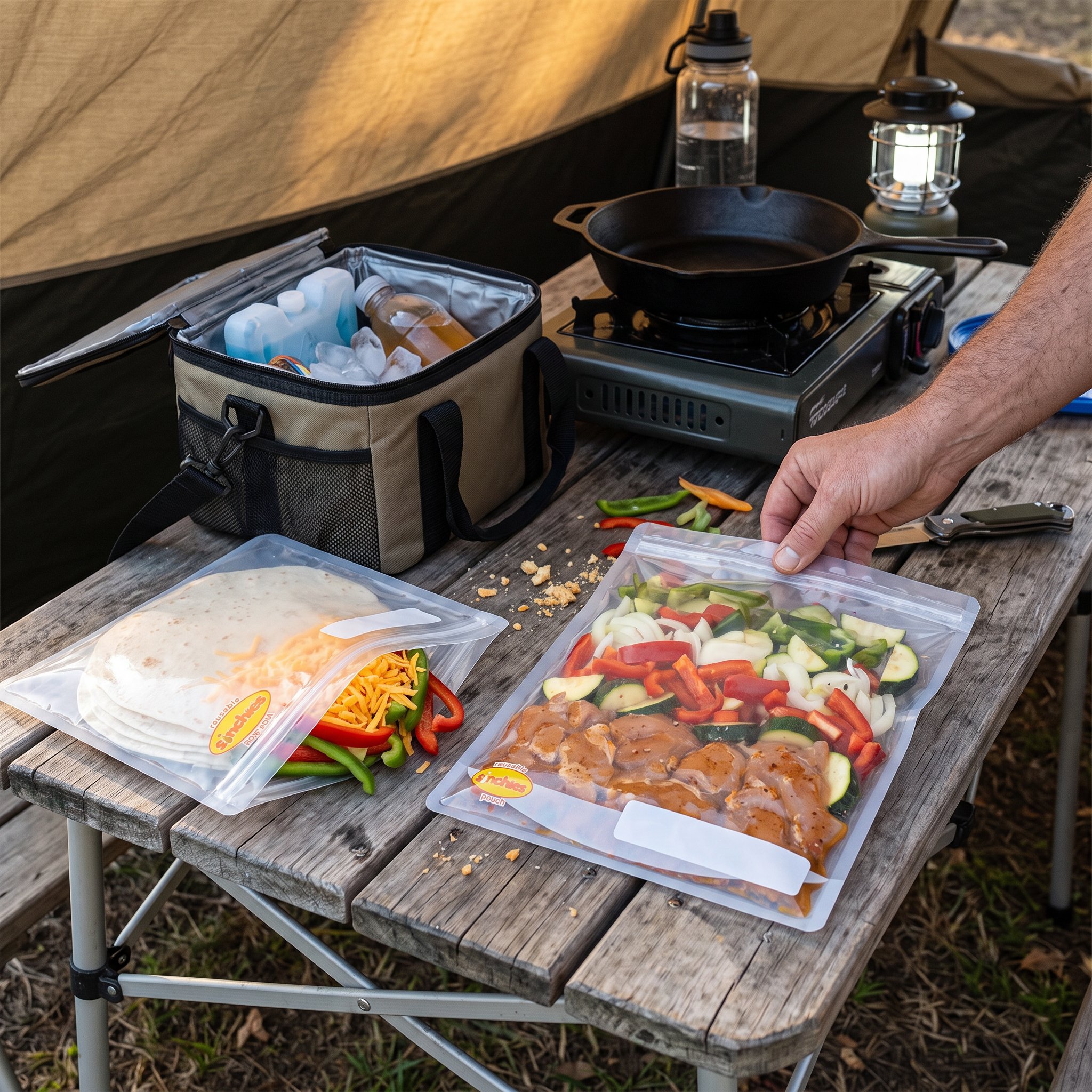 Outdoor camping setup on a wooden table with a cooler bag, portable stove, lantern, and food storage bags. A hand is holding a clear bag containing marinated chicken and sliced vegetables, while another bag holds tortillas and cheese with sliced peppers and zucchini.