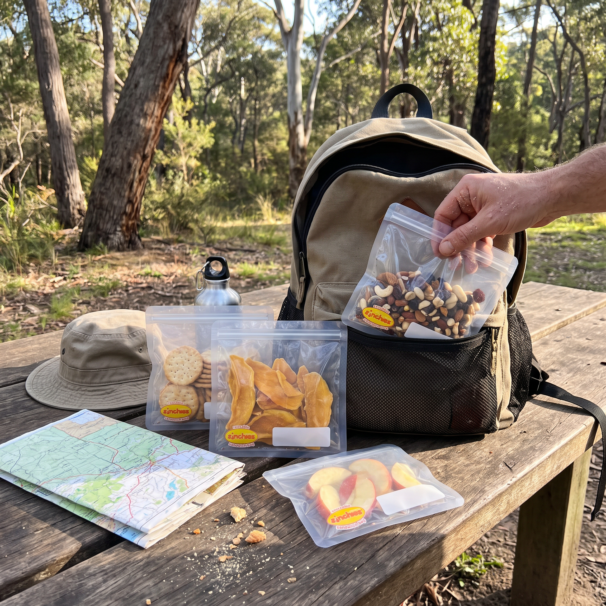 A hand holds a clear zip bag filled with nuts beside a beige backpack on a wooden picnic table outdoors, with dried fruit pouches, a hat, a map, and a water bottle also visible in a wooded setting.